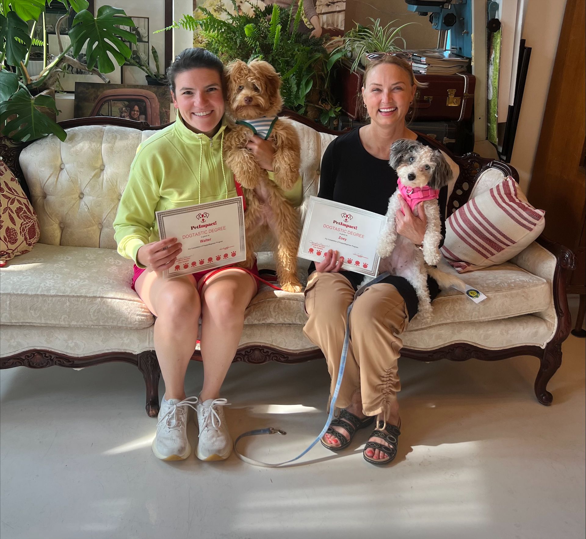 Two women and two dogs sit on a sofa, holding certificates.