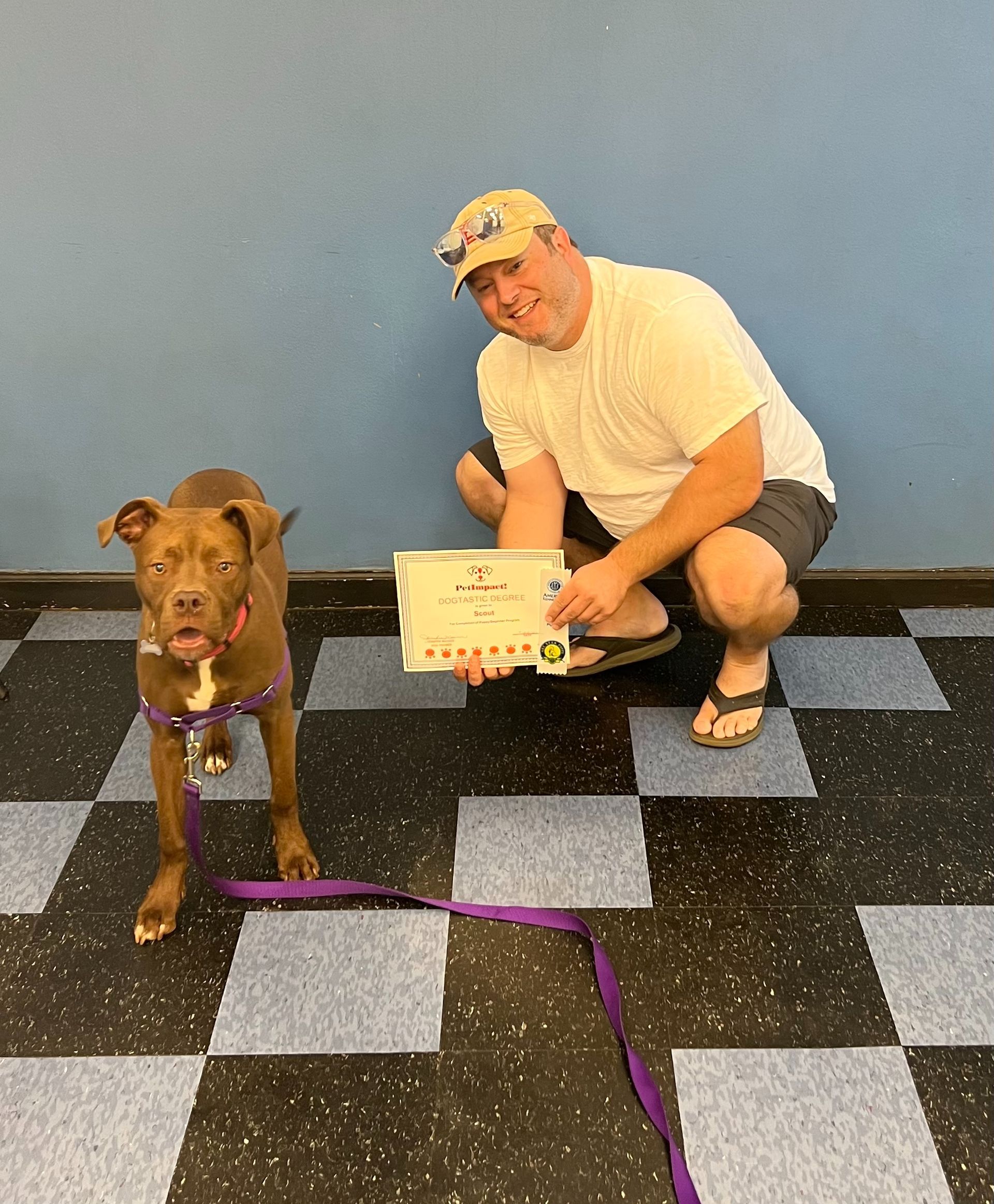 Dog and man with certificate in a checkered room, dog on leash. Man crouching smiles. Dog stares forward.