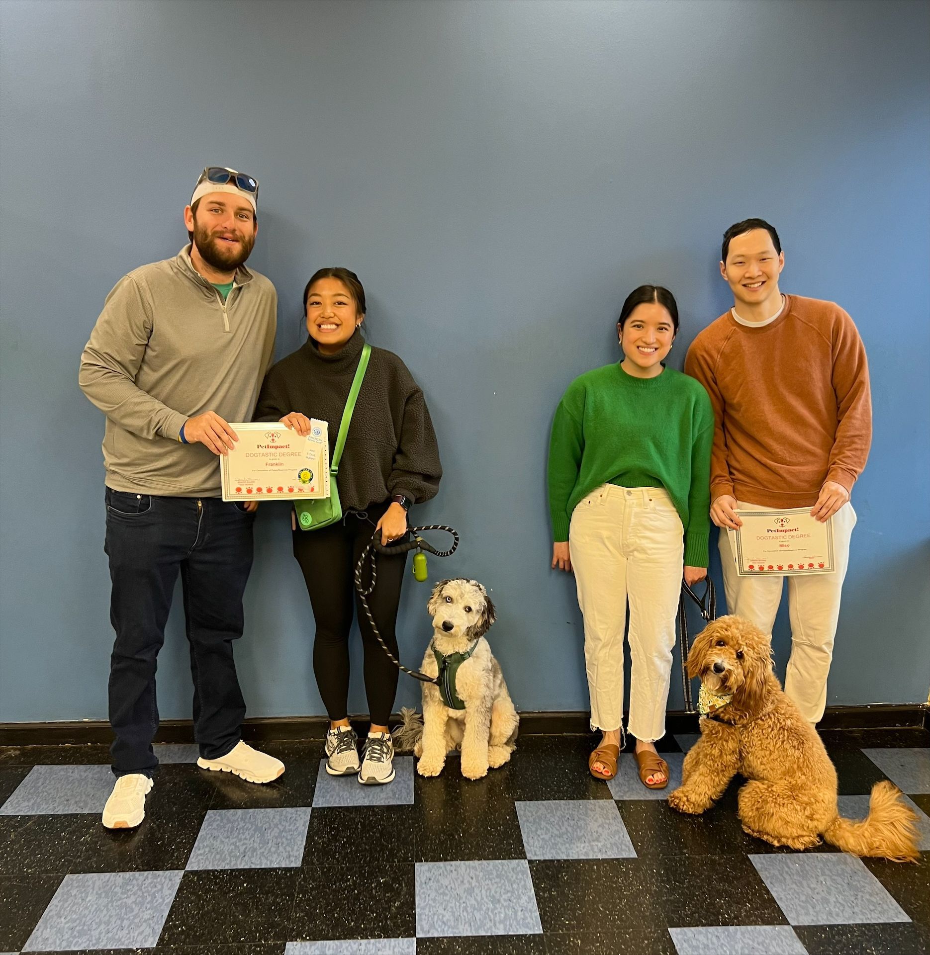 Four people with two dogs stand in front of a blue wall holding certificates. One dog sits, the other sits.