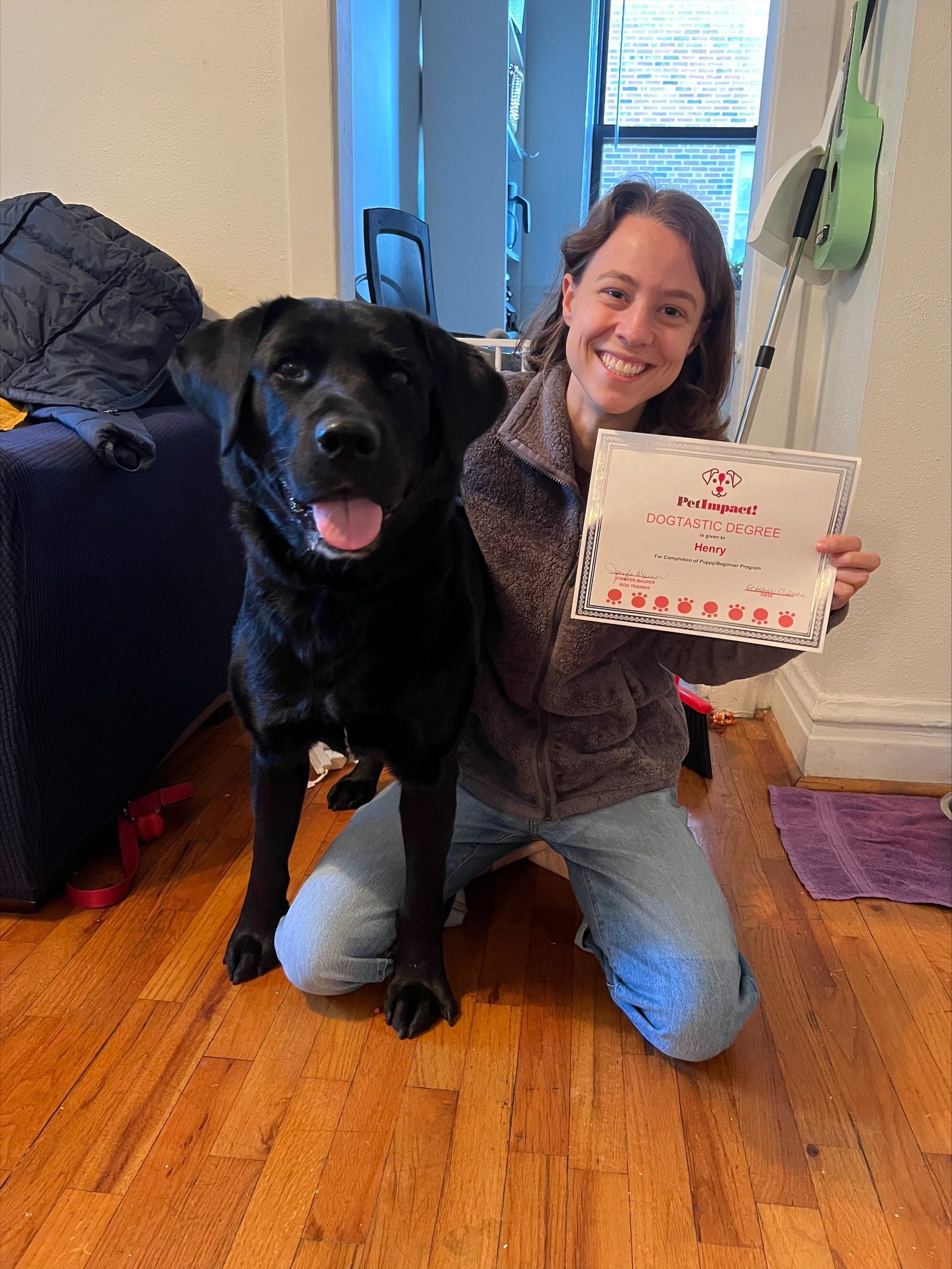 Woman kneels, holding certificate with a black Labrador. Both smile on wooden floor.