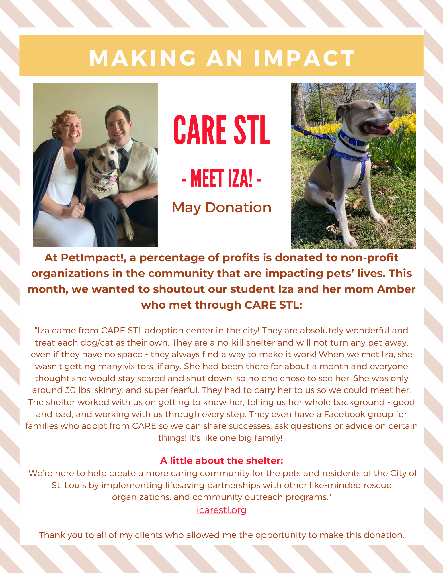 Flyer for CARE STL donation: people and dog photos, text about the organization, and May donation.