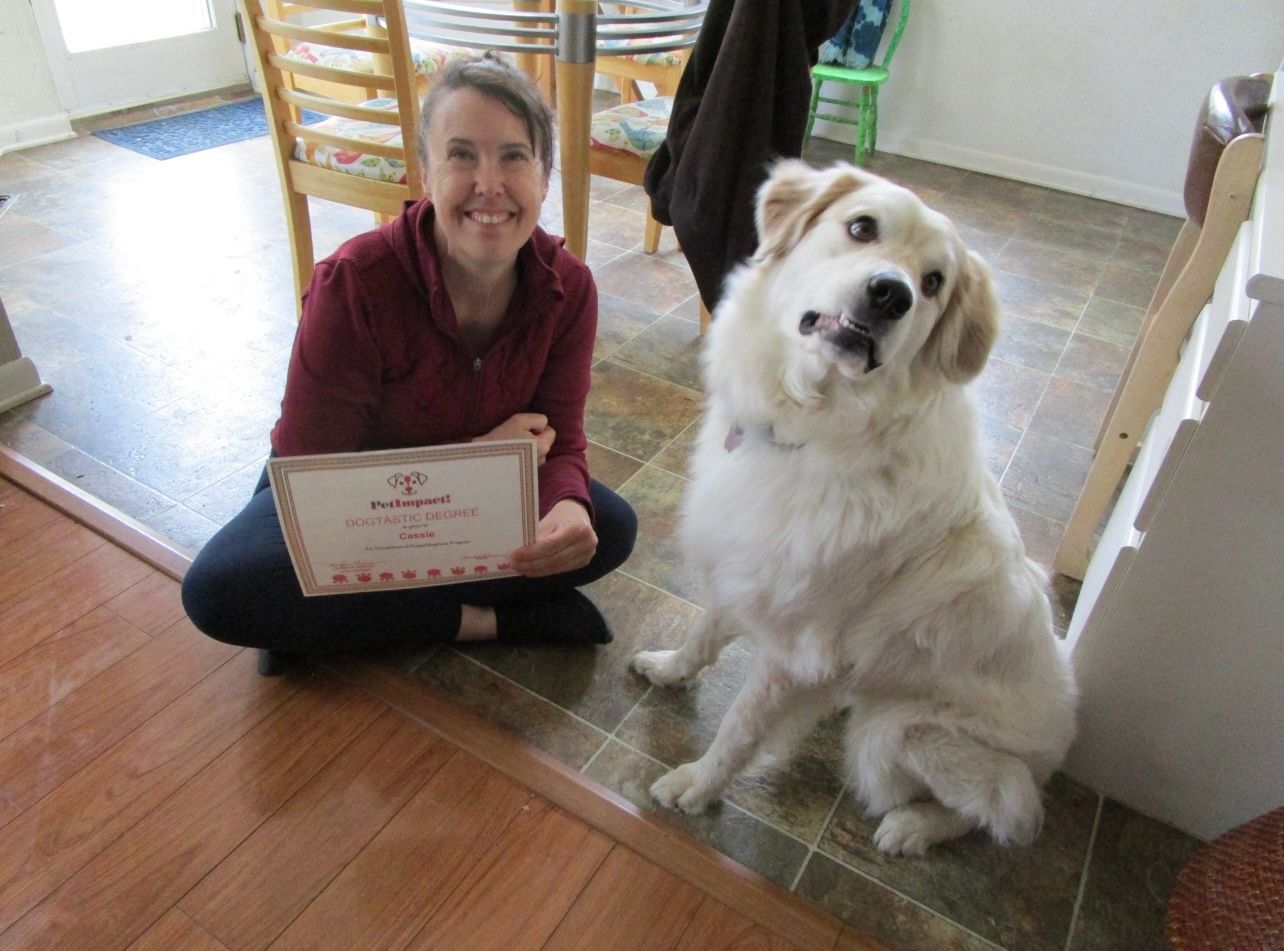 Woman and white dog indoors. Woman holds a framed paper; dog smiles. Wooden floor and staircase.