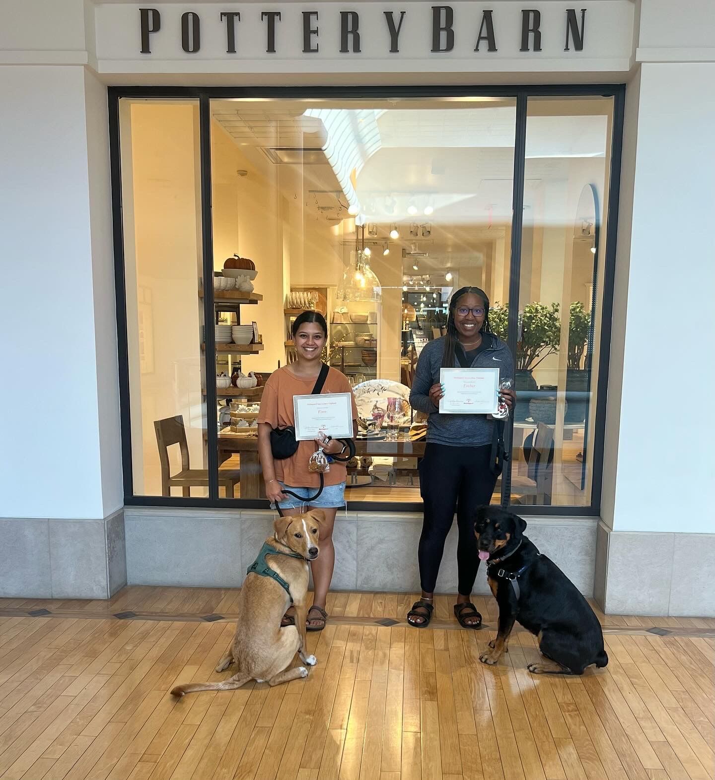 Two women and a dog standing in front of a pottery barn store