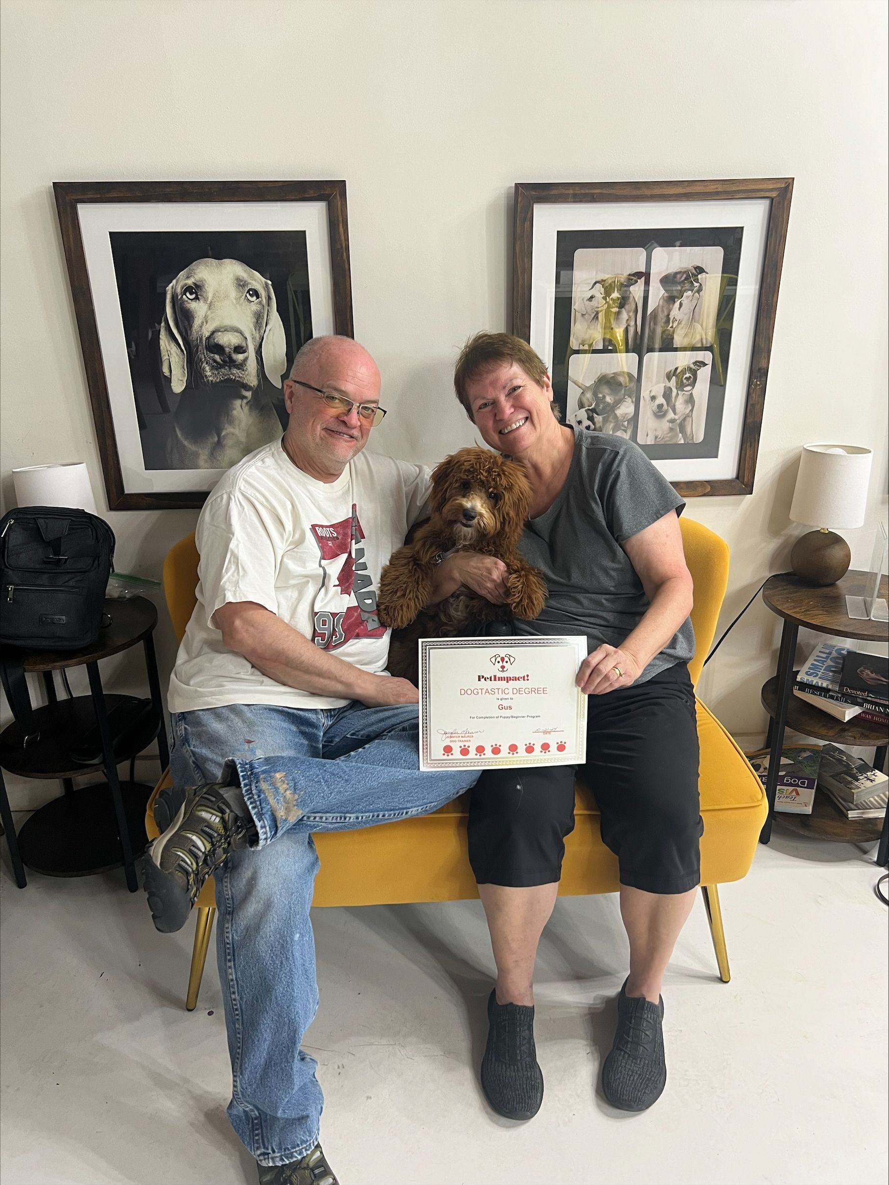 A man and a woman are sitting on a yellow couch holding a dog.