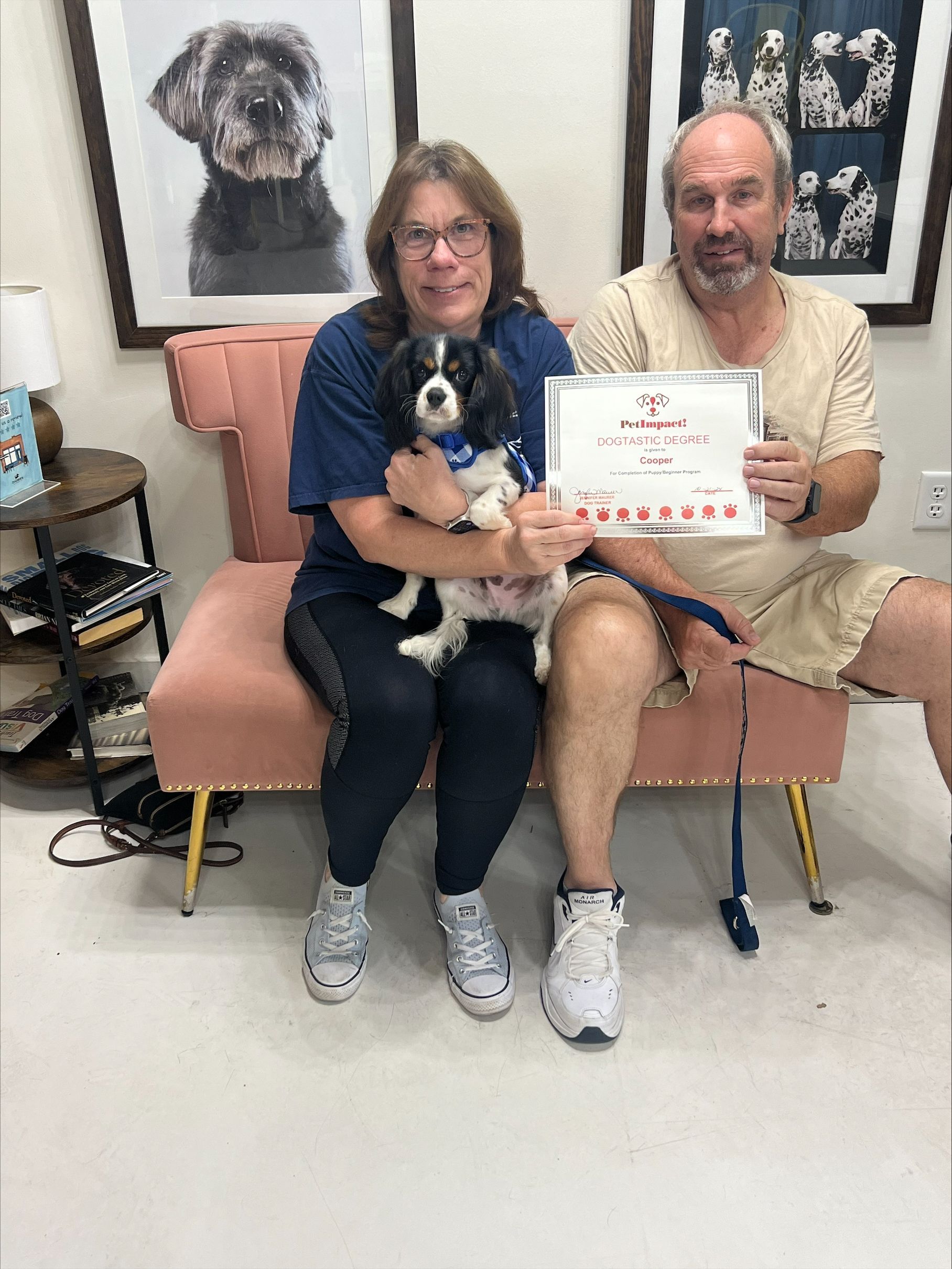 A man and a woman are sitting on a couch holding a dog and a certificate.