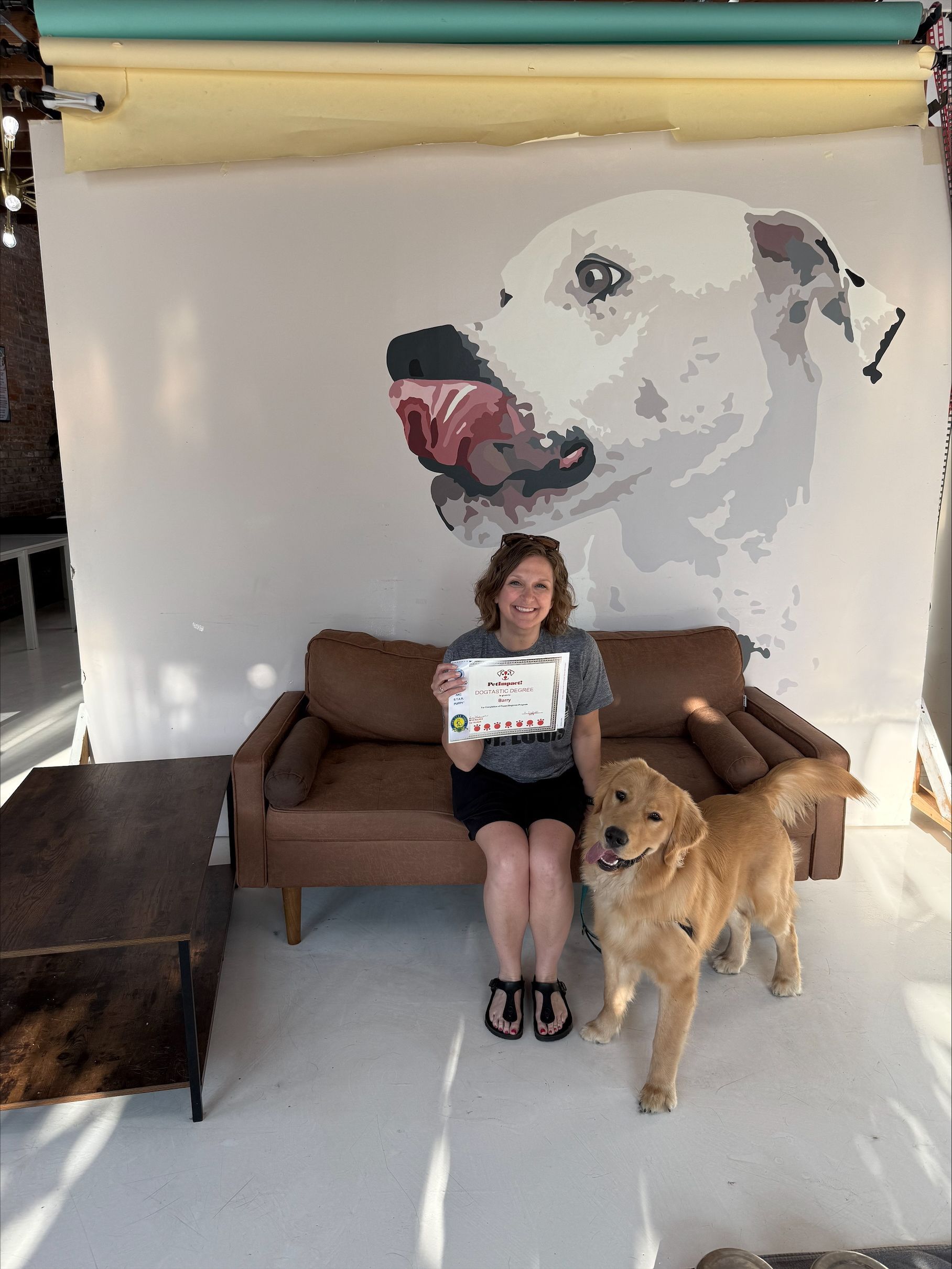 Woman, golden retriever, and dog mural pose on a brown sofa in front of a white backdrop.