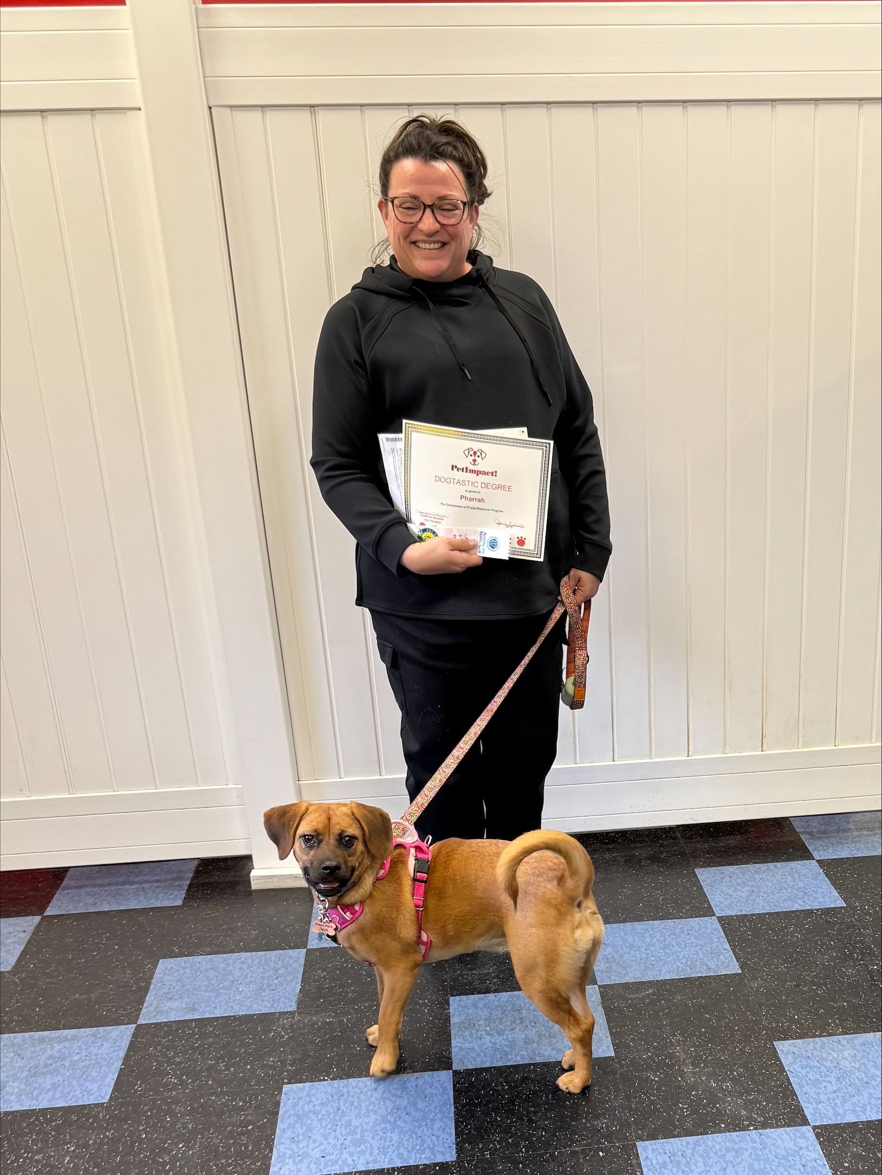 Woman in black hoodie holding papers and a leash; a tan dog wearing a pink harness stands at her feet.