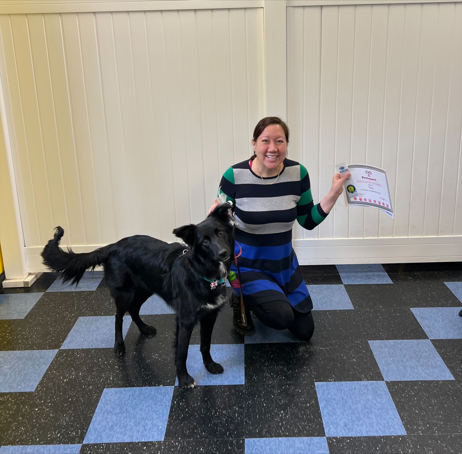 A Woman Kneeling Next To A Black Dog Holding A Certificate — St. Louis, MO — PetImpact!