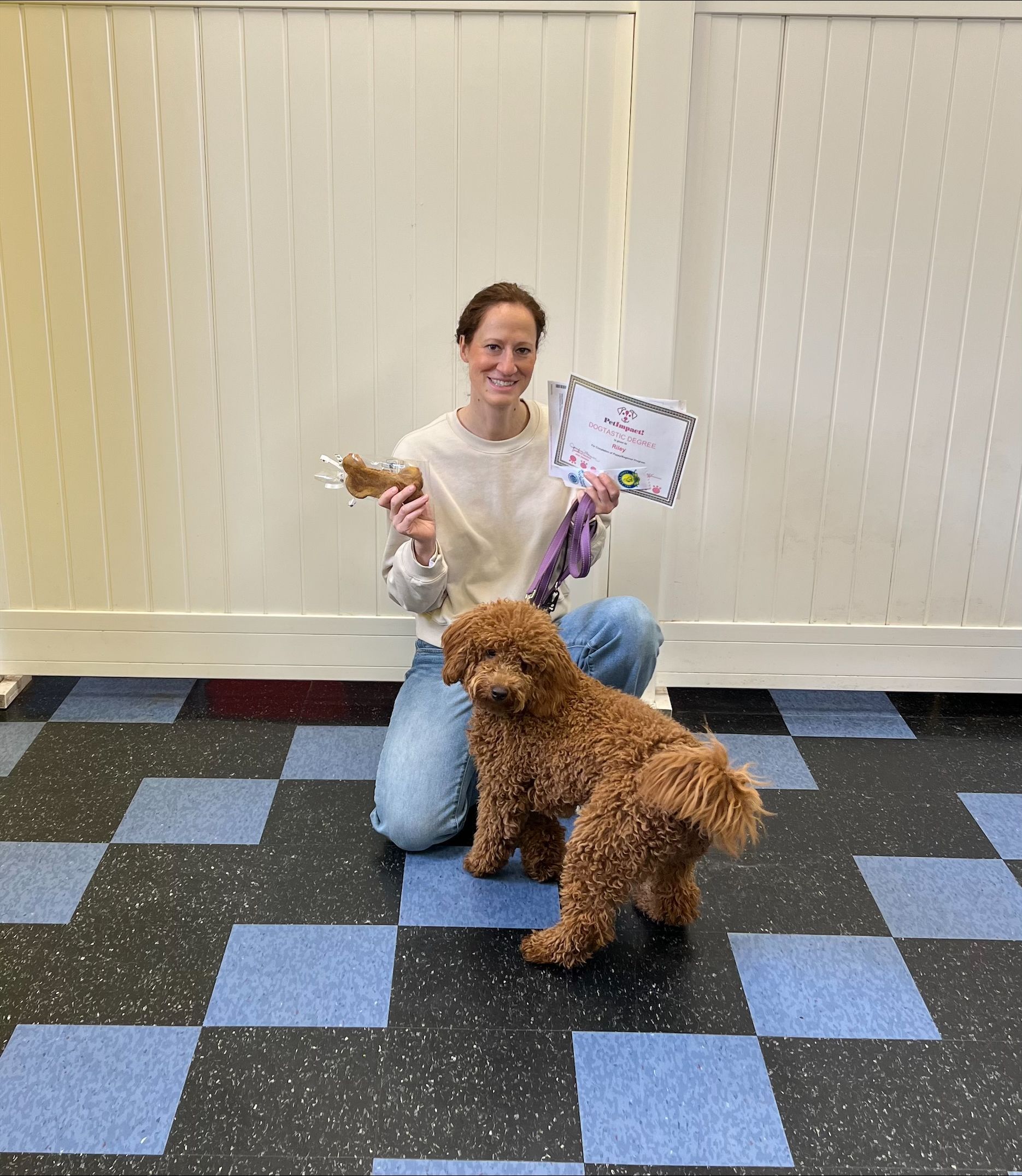 Happy Dog Owner Holding A Certificate With A Brown Dog — St. Louis, MO — PetImpact!