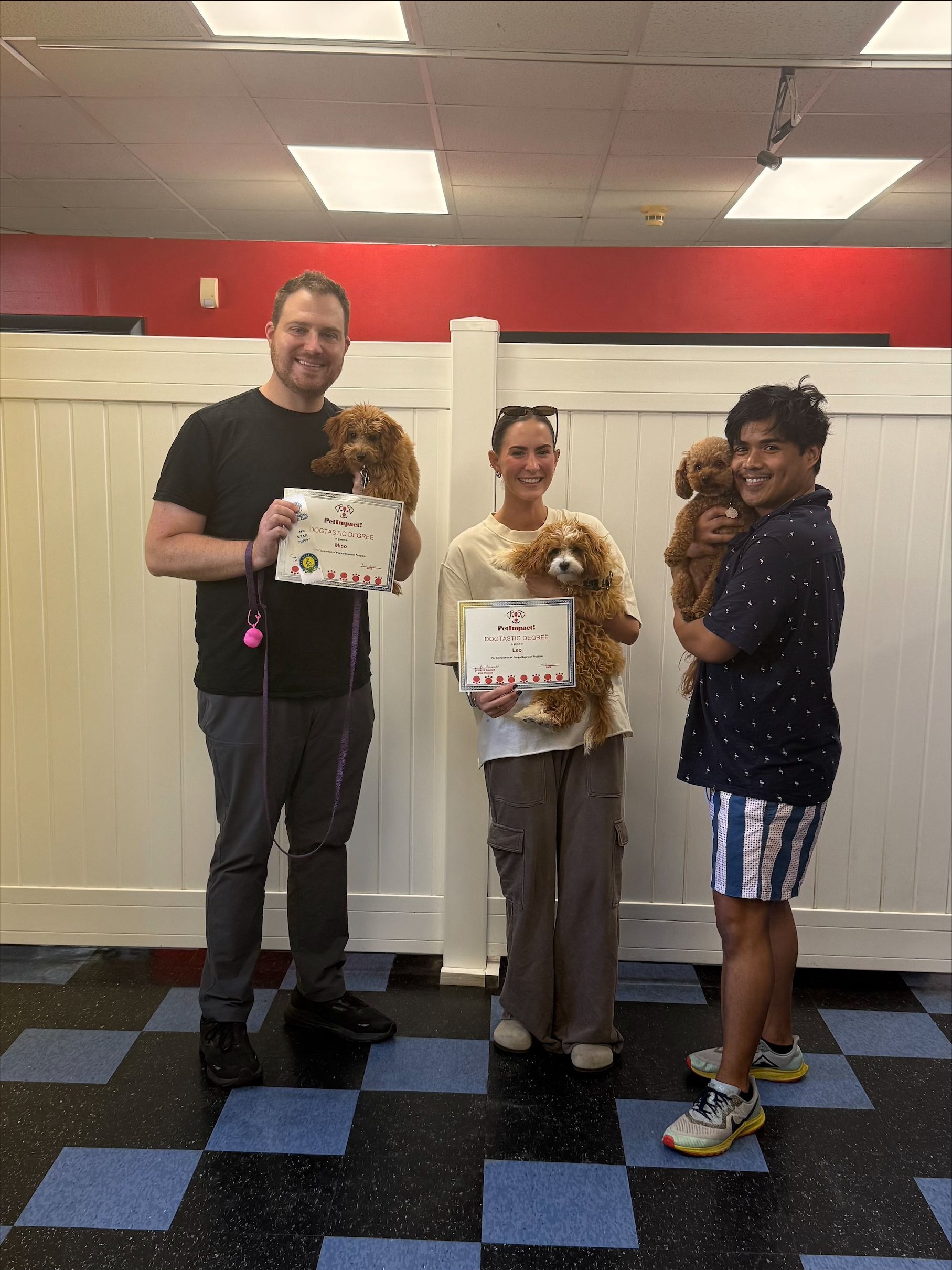 Three people with dogs holding signs indoors. Two people smile. The floor is blue and black checkerboard.