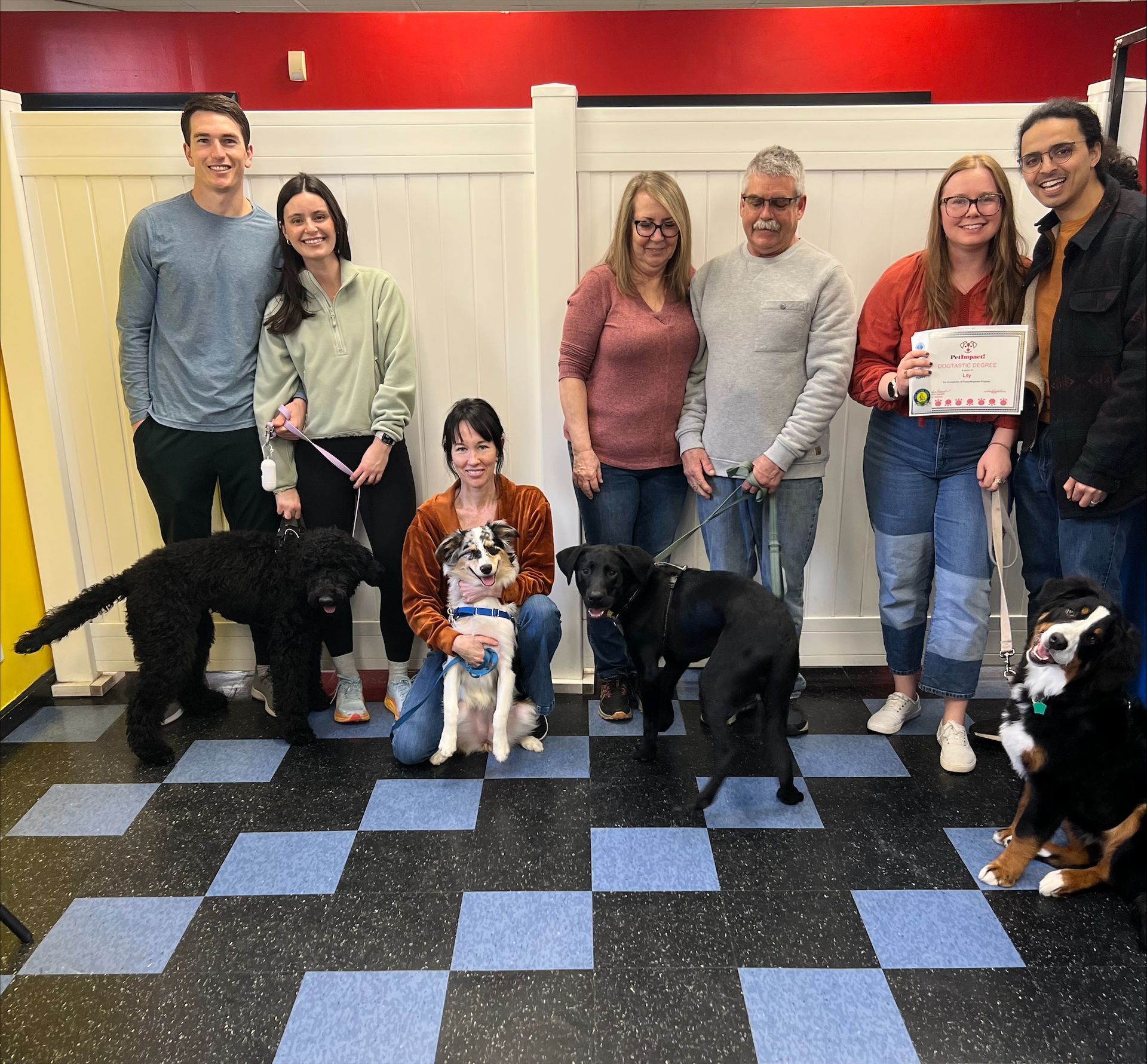 Group photo with dogs and people, certificate presentation in a training center with blue and black tiled floors.