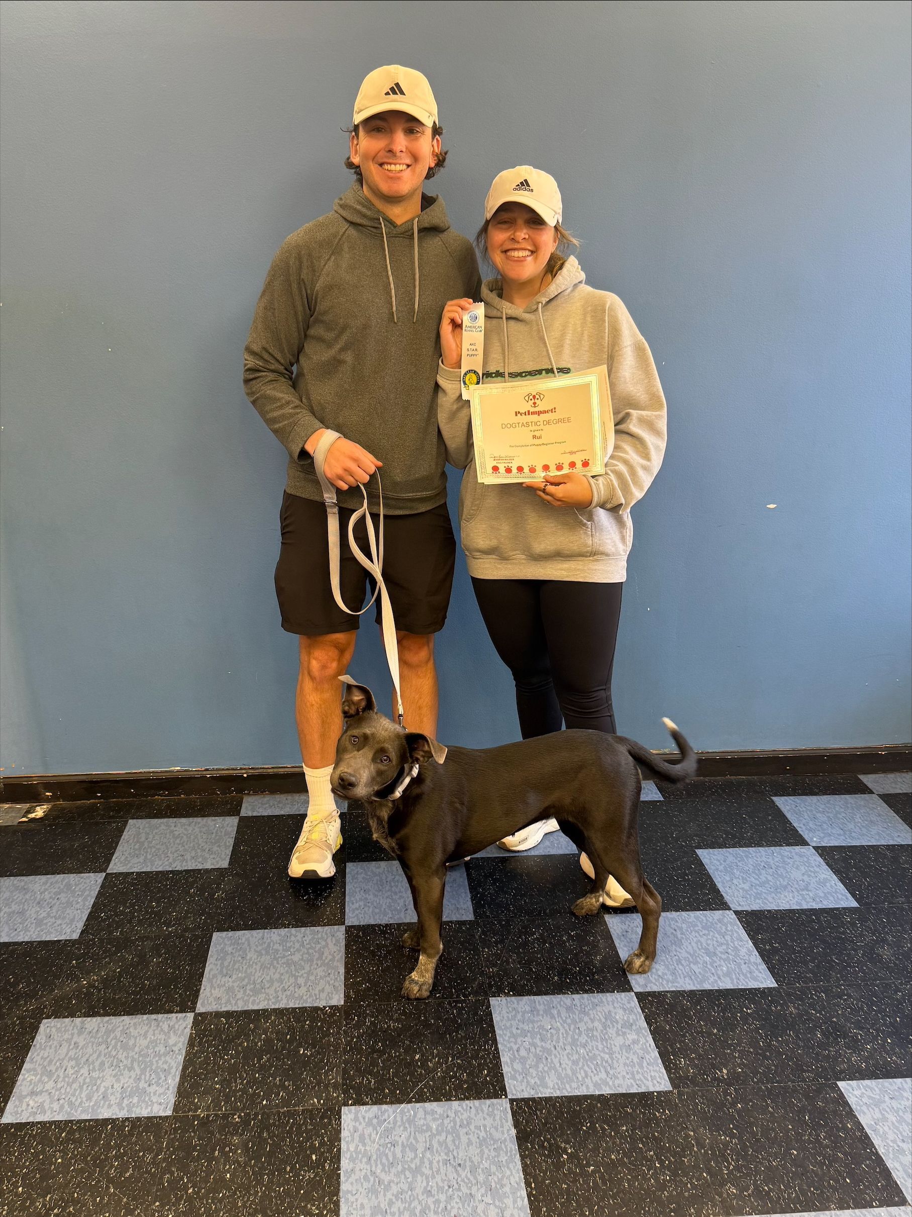 Two people wearing matching caps and sweatshirts stand with a dog on a leash, holding a framed certificate against a wall.
