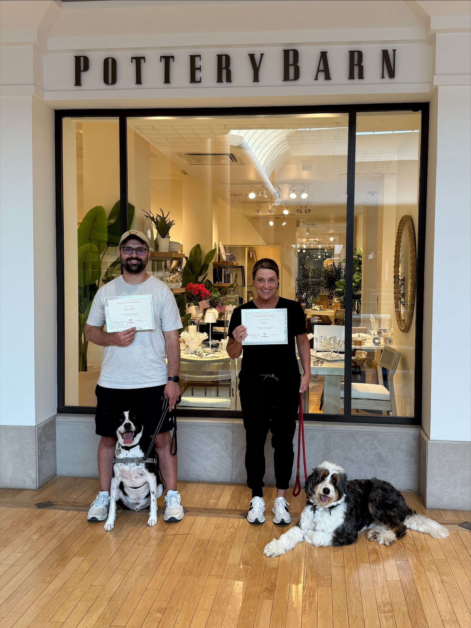 A man and a woman are standing in front of a pottery barn store with their dogs.