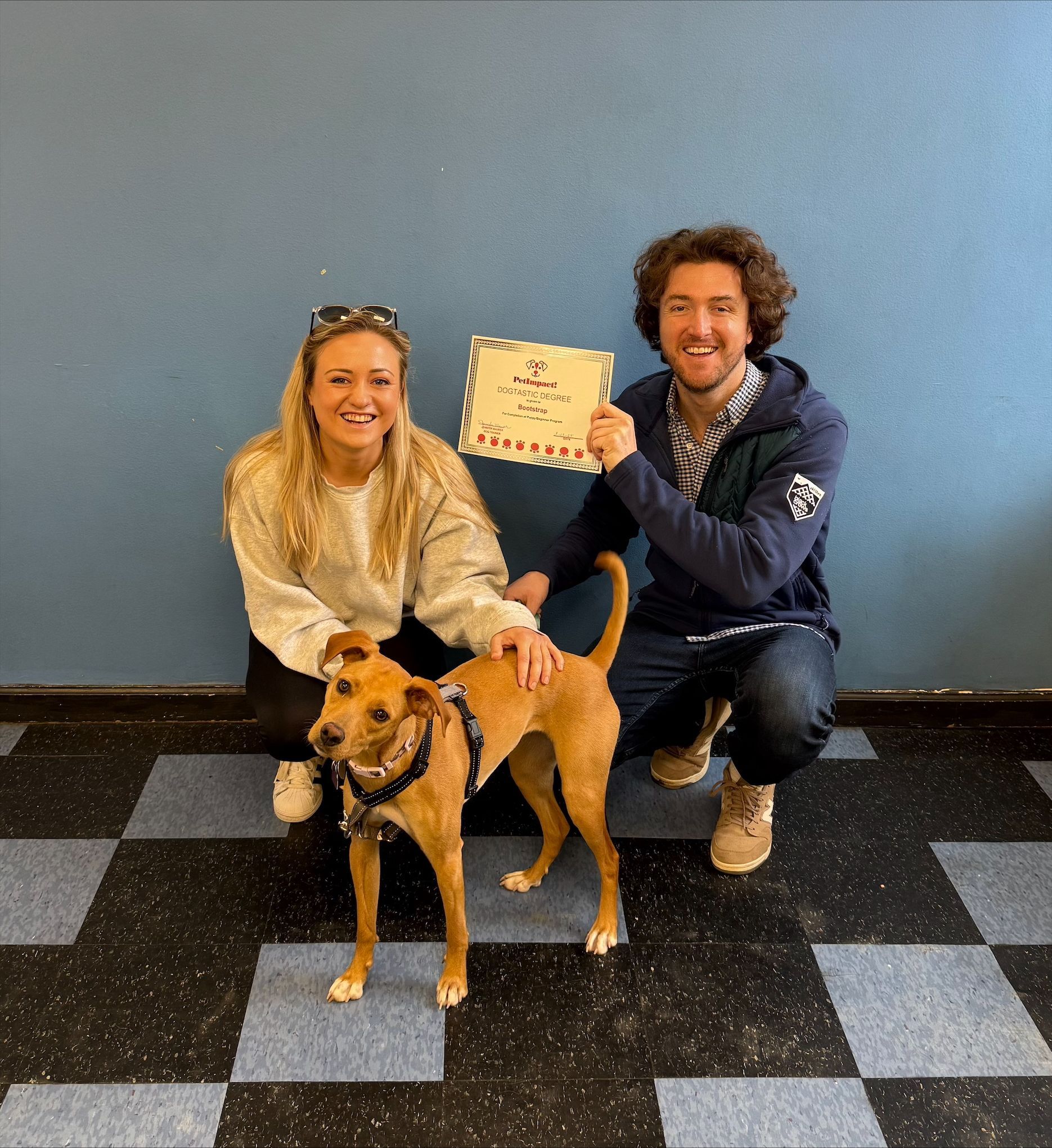 A man and woman kneeling next to a dog holding a sign that says happiness