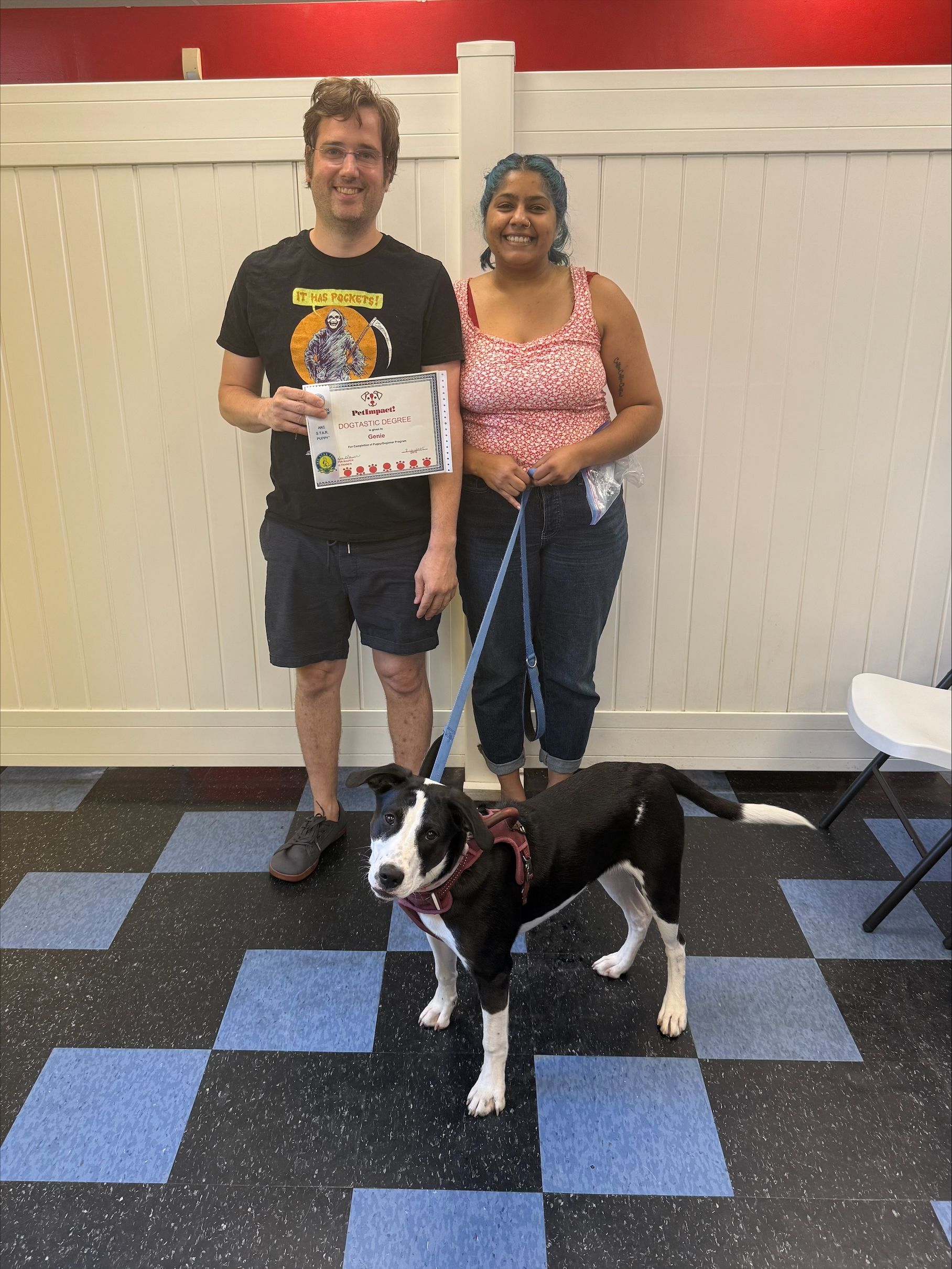 A man and a woman with a black and white dog, posing indoors. The man holds a certificate. They are standing on a checkered floor.