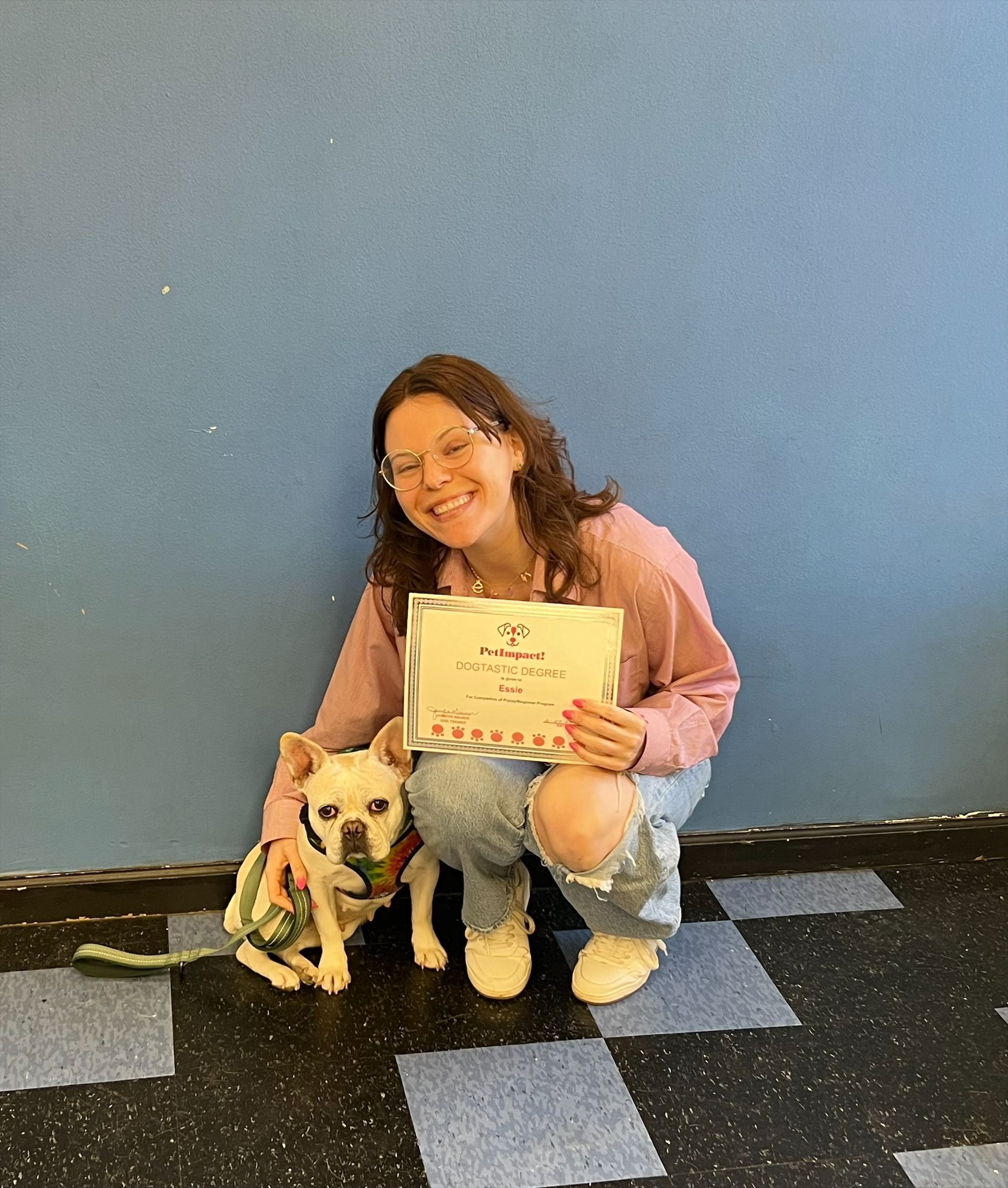 Woman kneeling next to small dog, holding a certificate, blue wall background.
