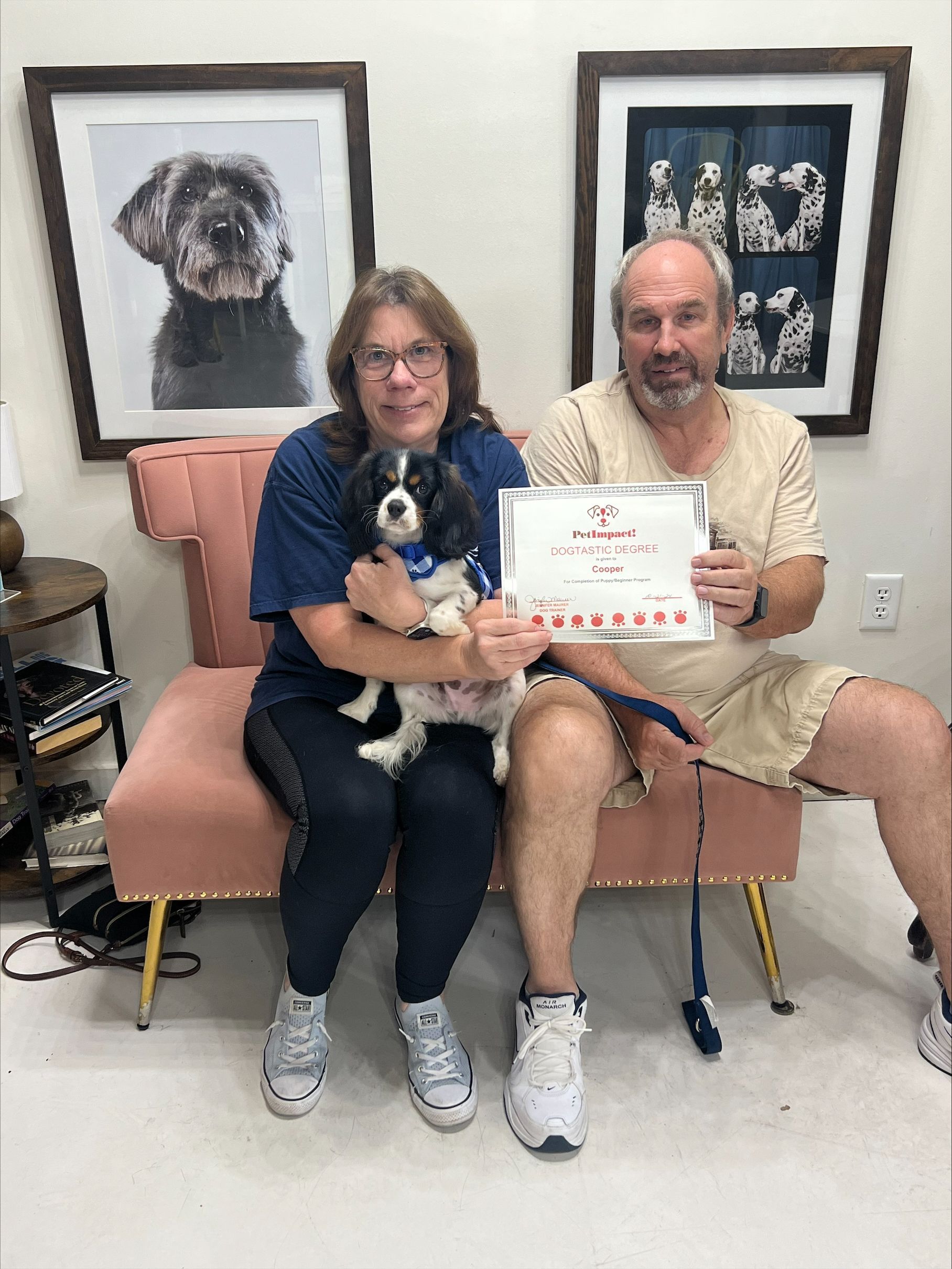 A man and a woman are sitting on a couch holding a dog and a certificate.