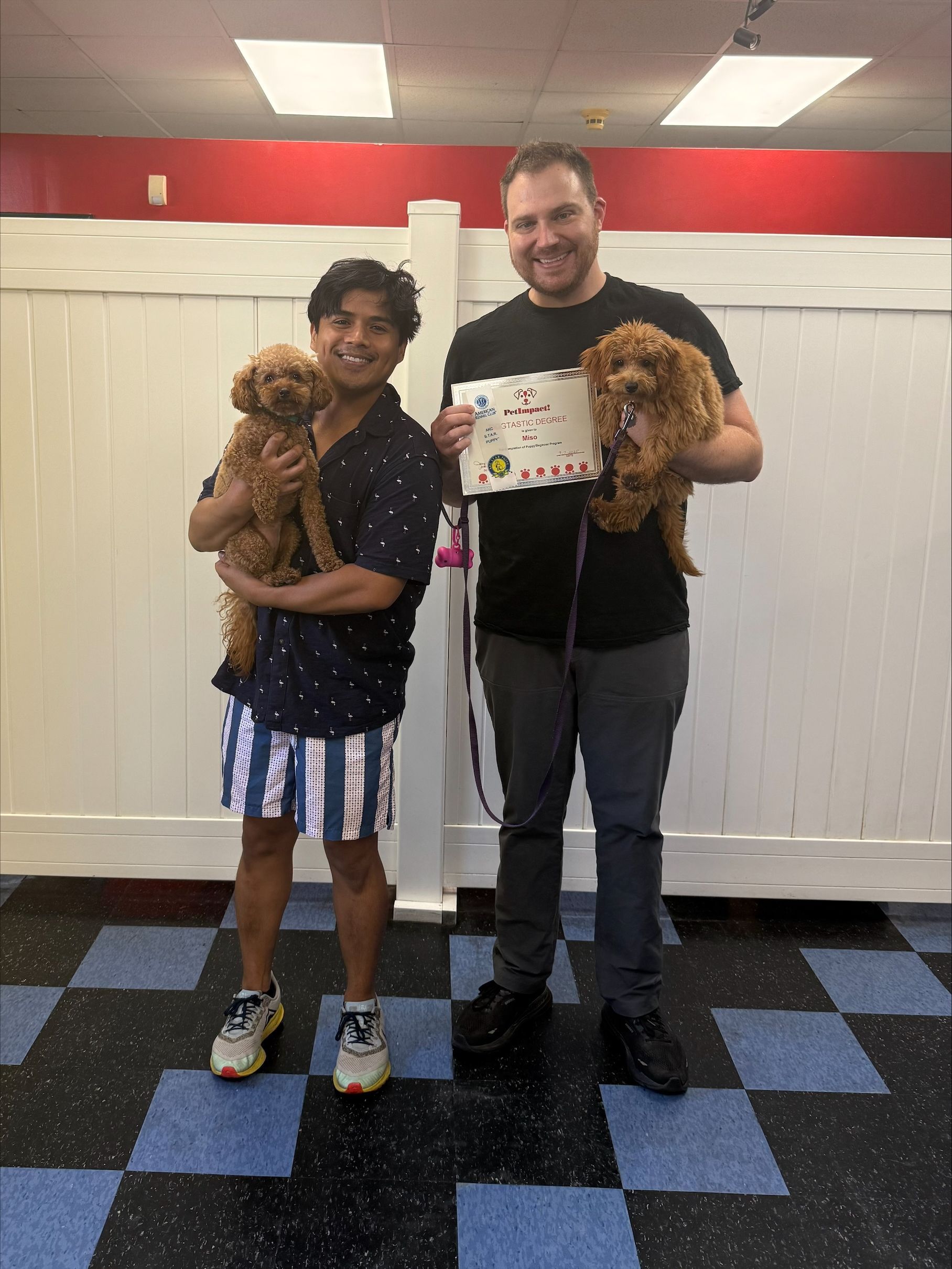 Two men holding brown dogs and a decorated paper in a room with a black and blue floor.