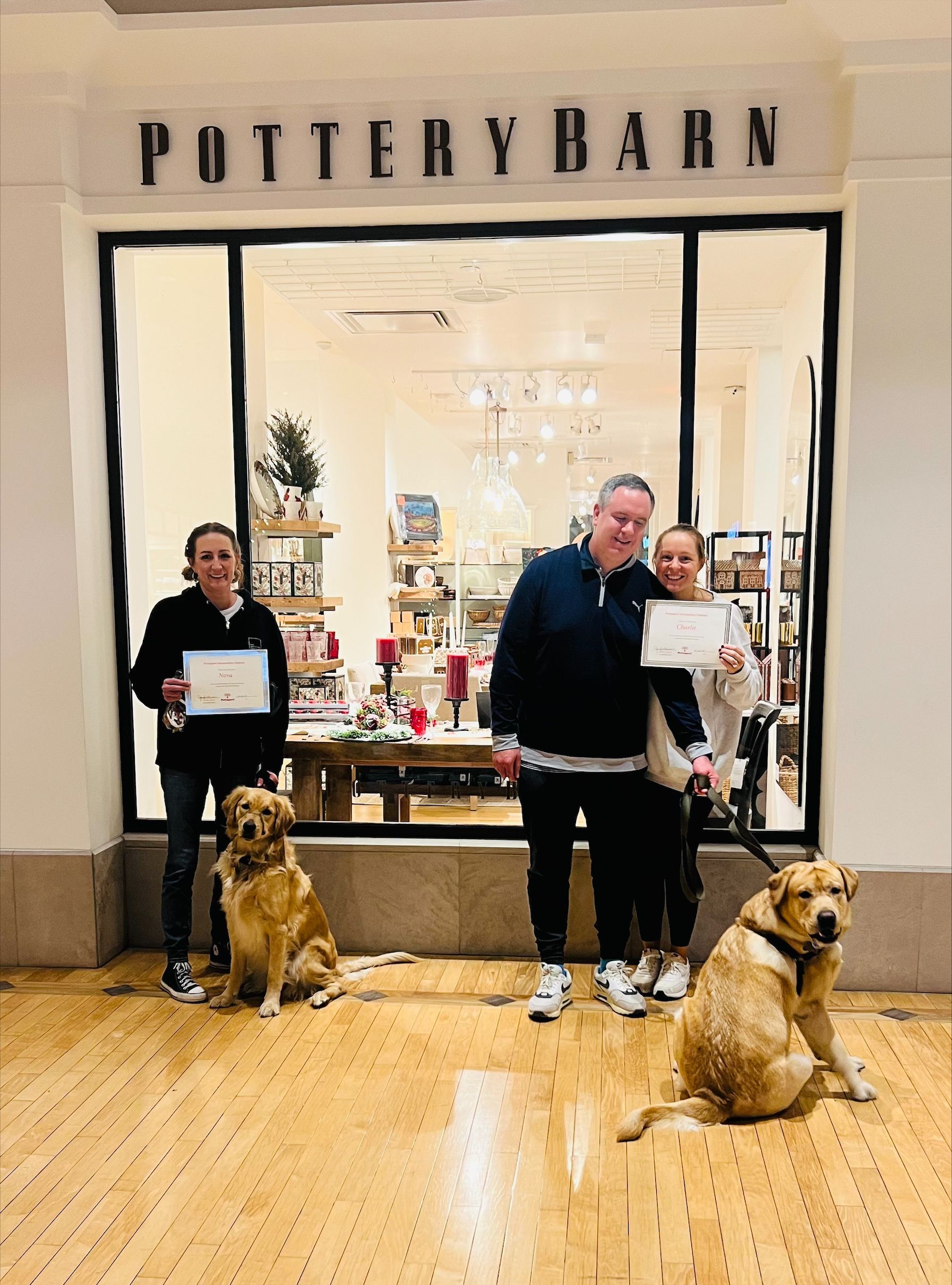People and dogs pose in front of a Pottery Barn store. One person holds a certificate. Two golden retrievers sit.