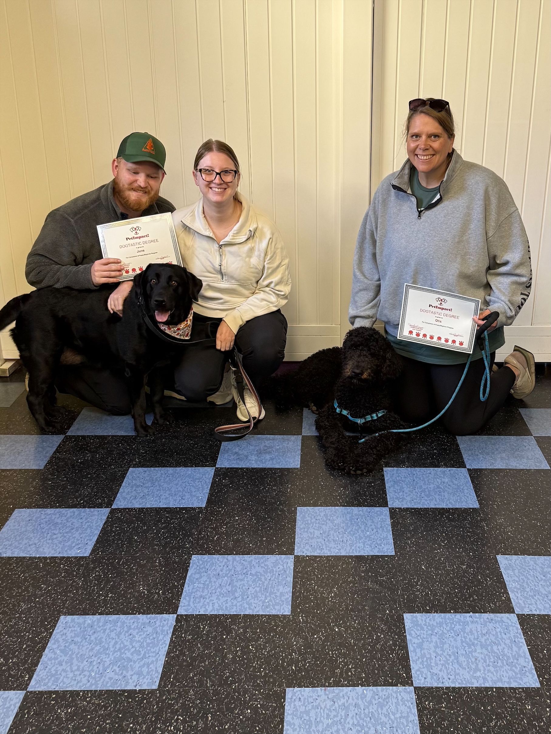 People with two black dogs holding certificates on a black and blue tiled floor.