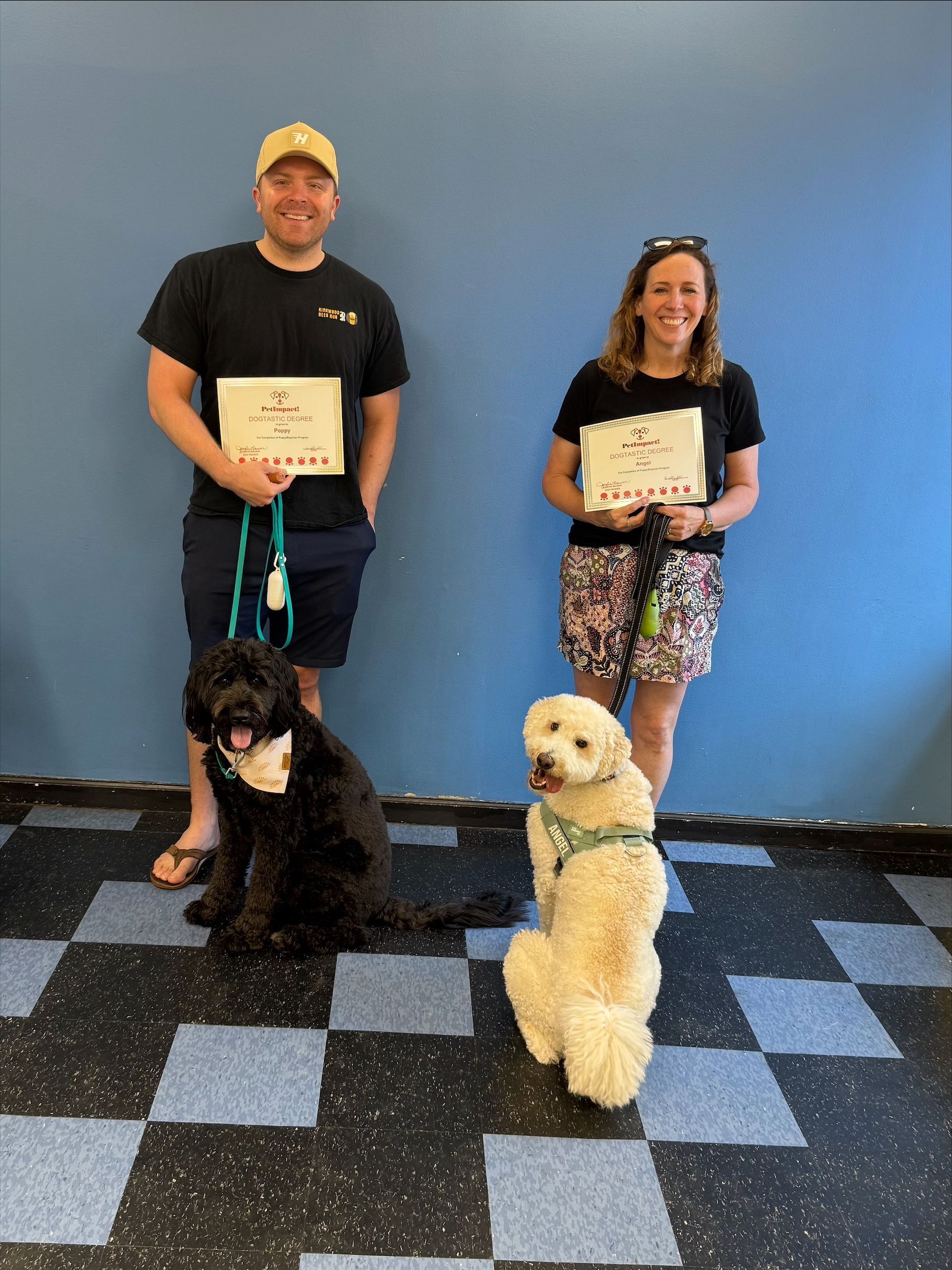A group of people standing next to each other holding puppies and certificates.