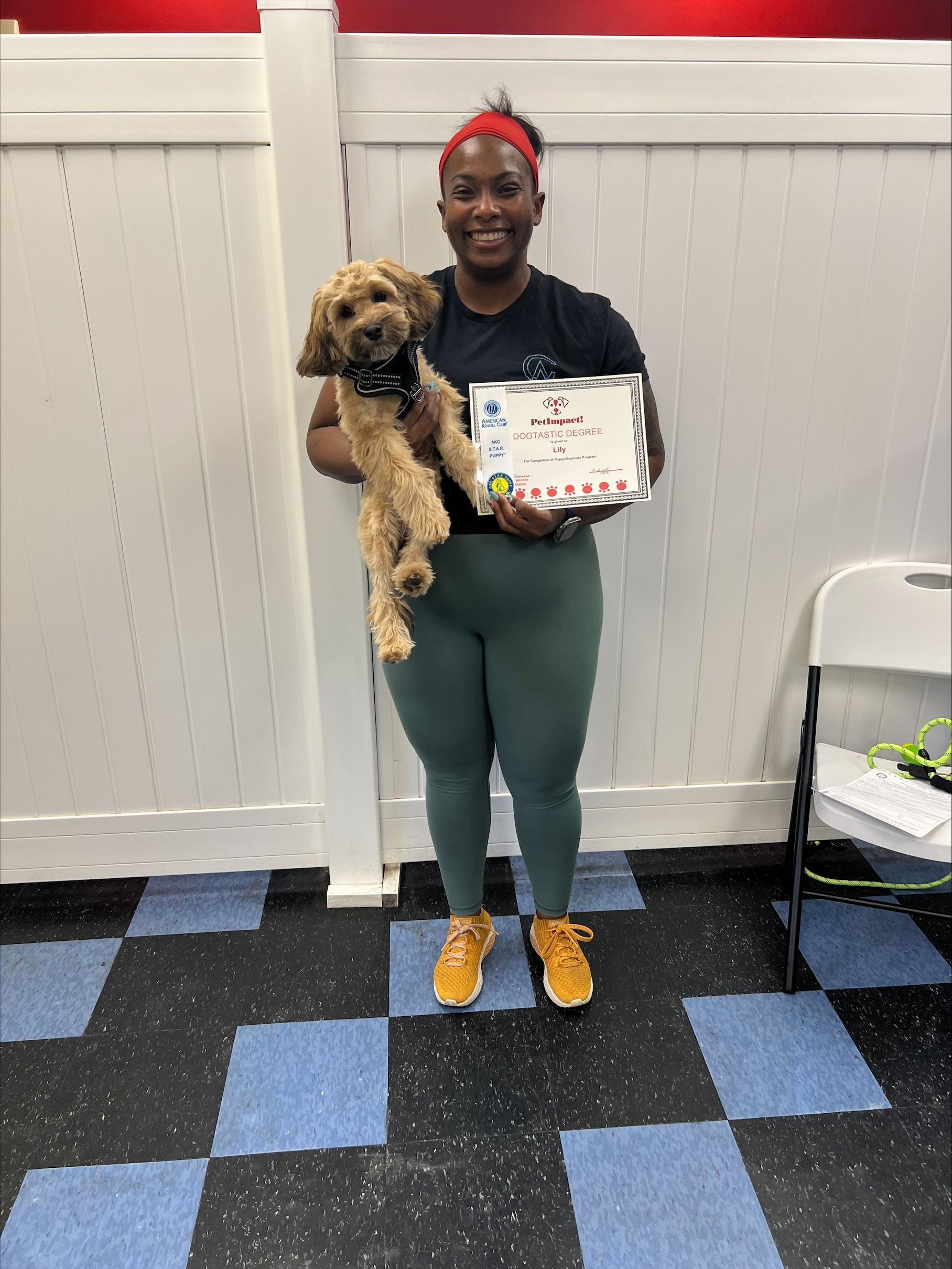 A woman is holding a small dog and a certificate.