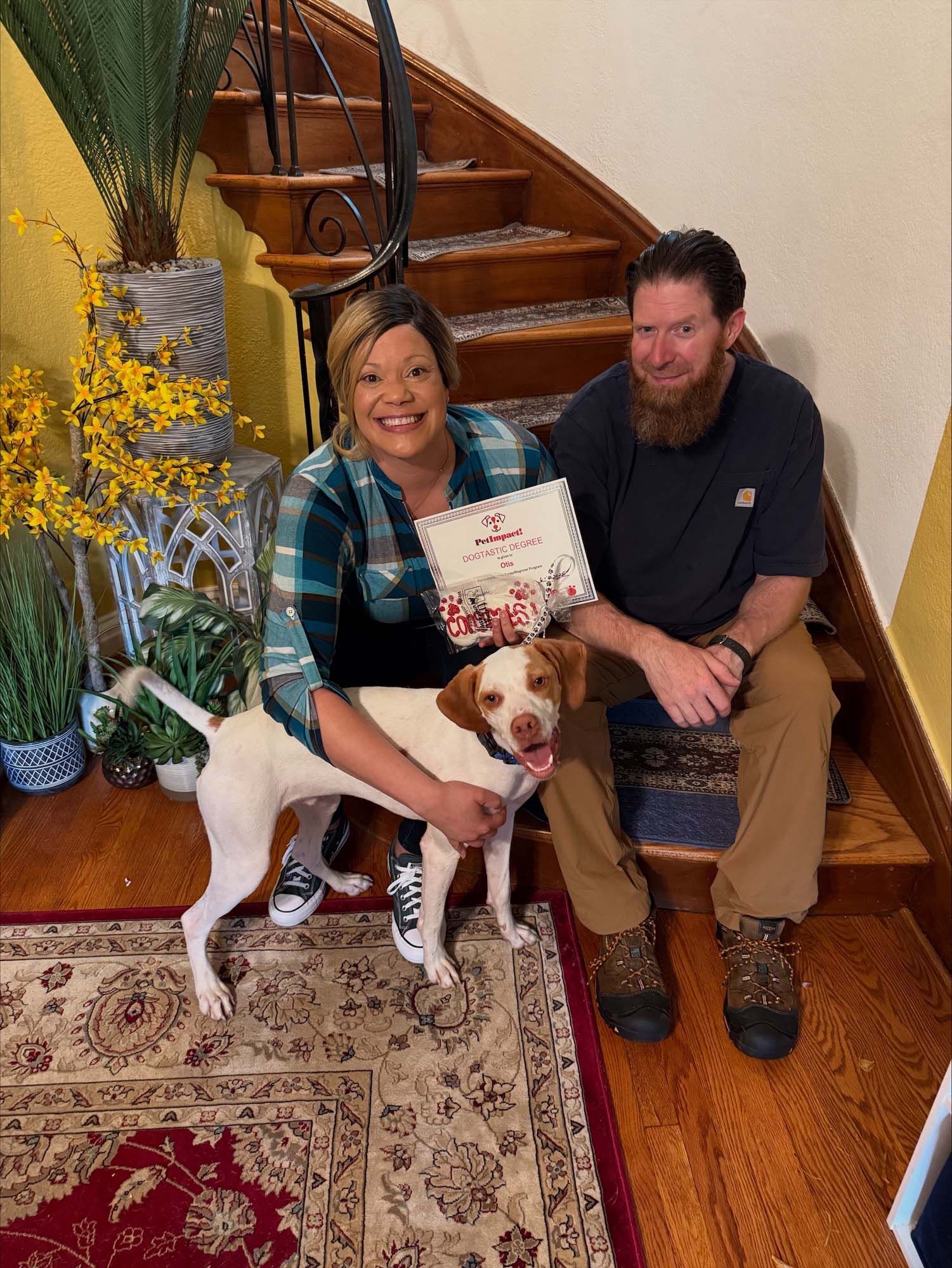A man and a woman are sitting on stairs with a dog.