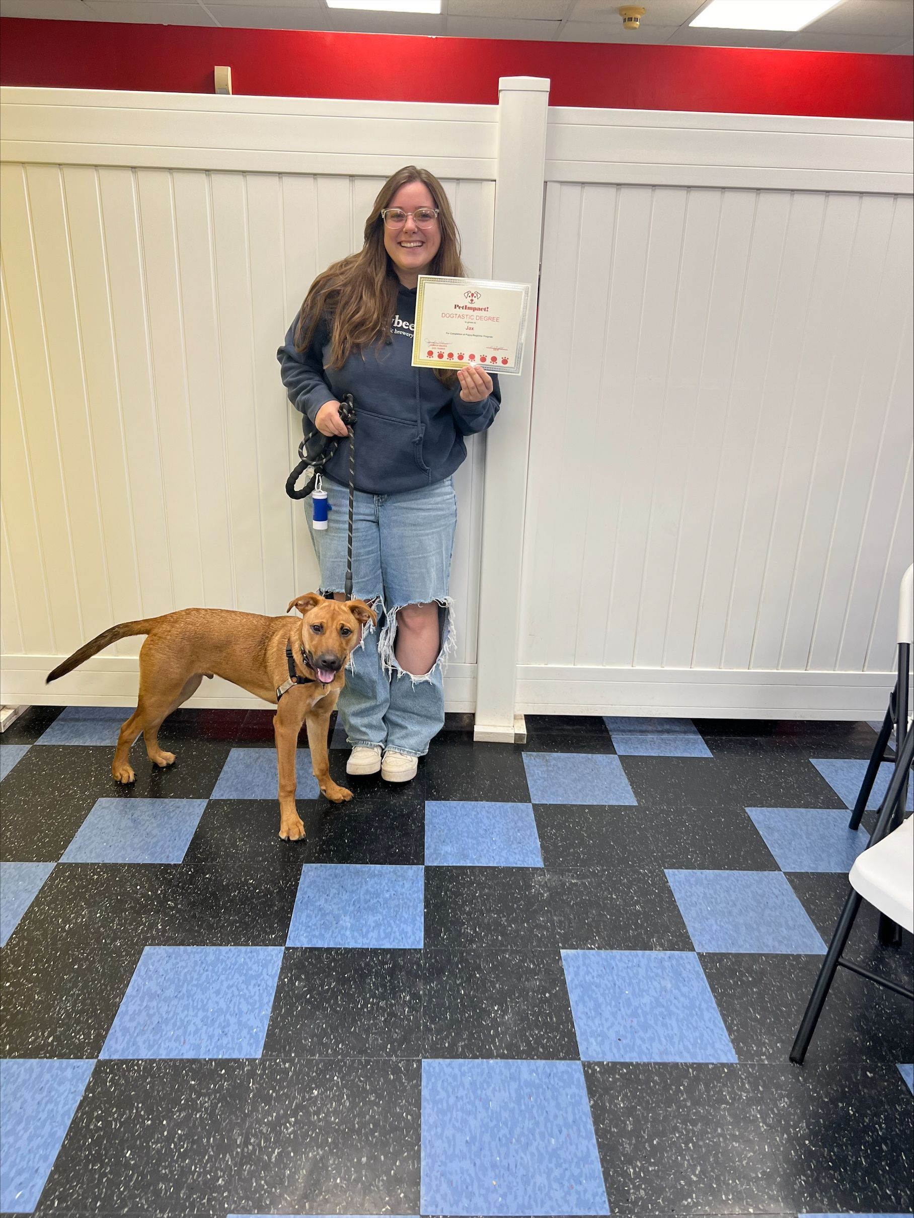 A woman is standing next to a dog on a leash and holding a certificate.