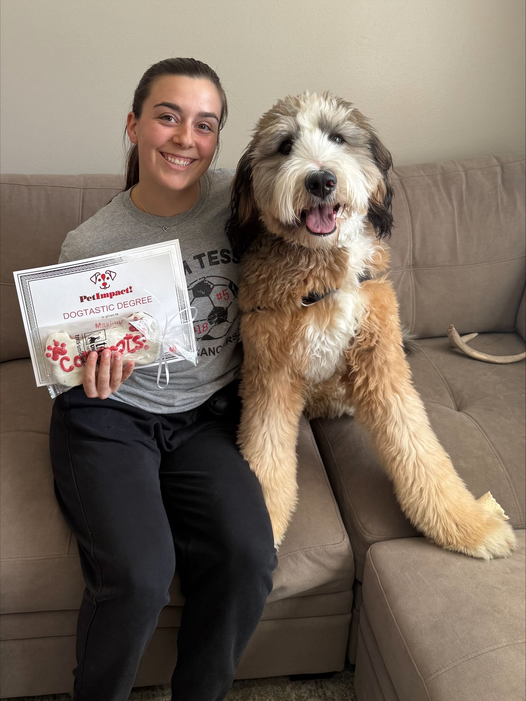 A smiling person sits on a couch next to a large, fluffy, tri-colored dog holding a celebratory sign and a dog treat.