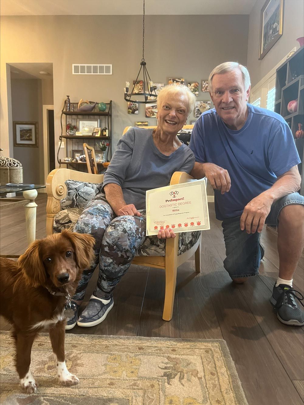 A man and a woman are sitting in a chair with a dog.