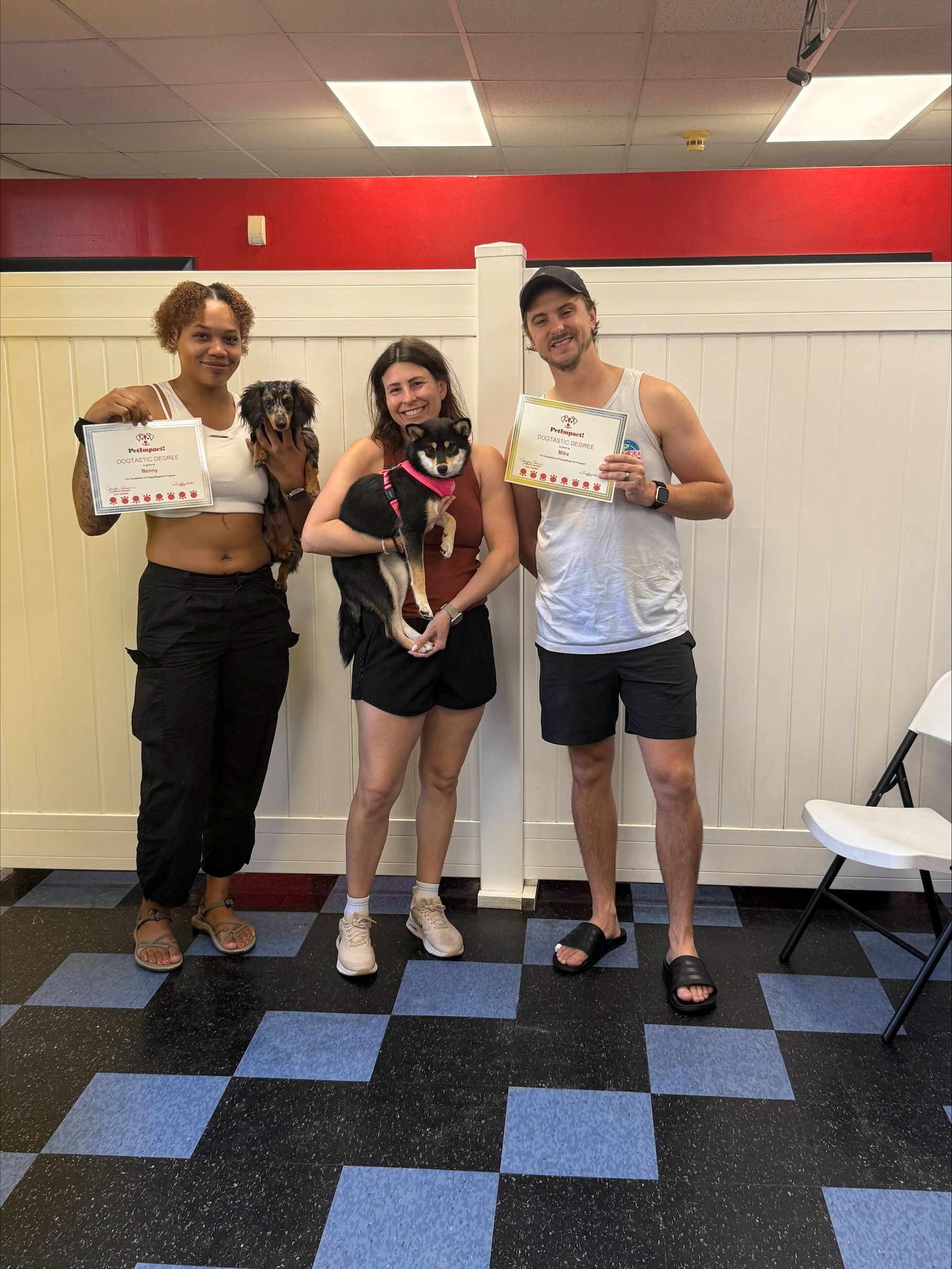 Three people with dogs holding certificates. Inside, with a red and white wall.
