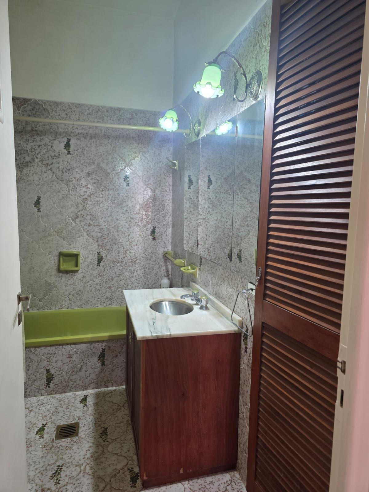 Baño pequeño con lavabo blanco, detalles en verde en las paredes, paredes alicatadas y puerta de madera con celosía.