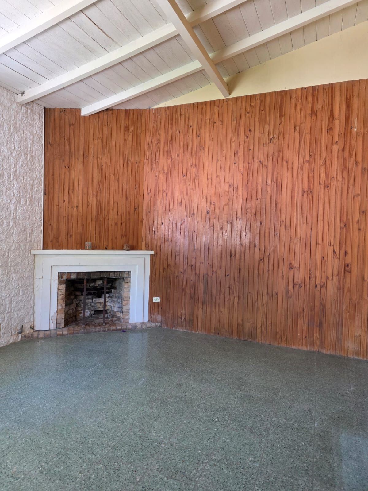 Habitación vacía con chimenea blanca, pared revestida de madera y alfombra verde bajo un techo abovedado.