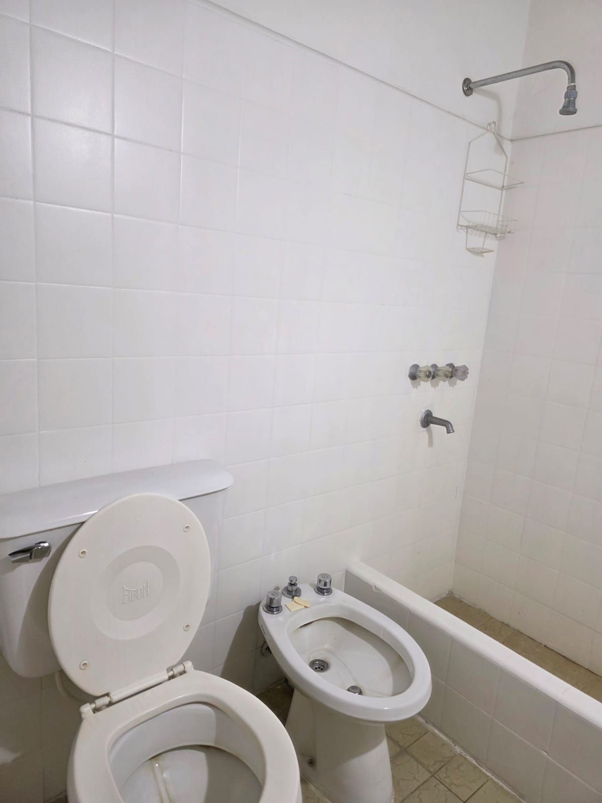 Baño pequeño con azulejos, inodoro, bidé, ducha mural y bañera.