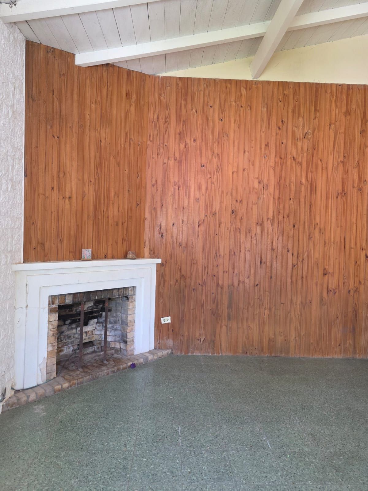 Sala de estar vacía con pared revestida de madera, chimenea blanca y alfombra verde.