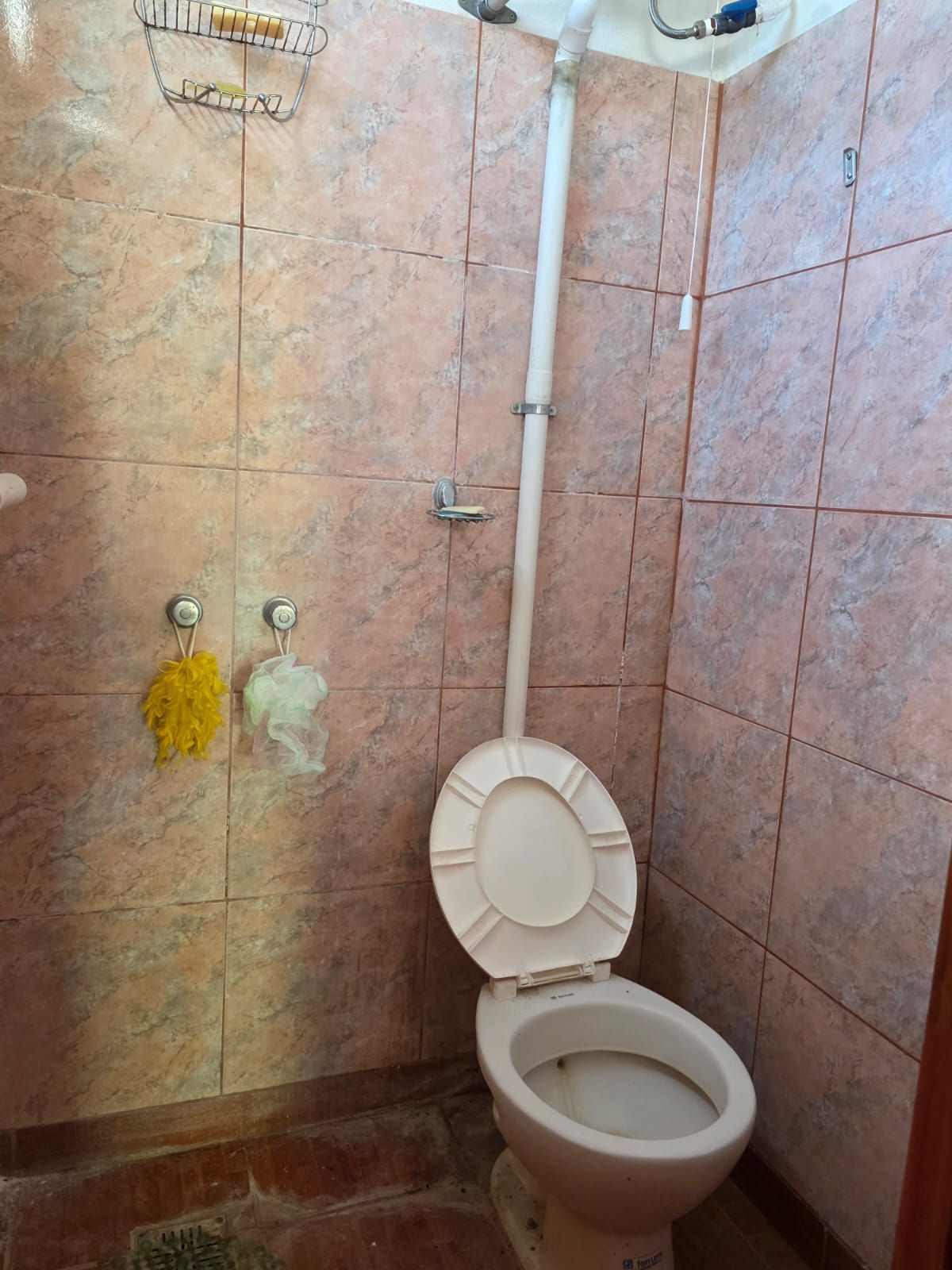Baño pequeño con inodoro, cisterna mural y paredes alicatadas en color rosa.