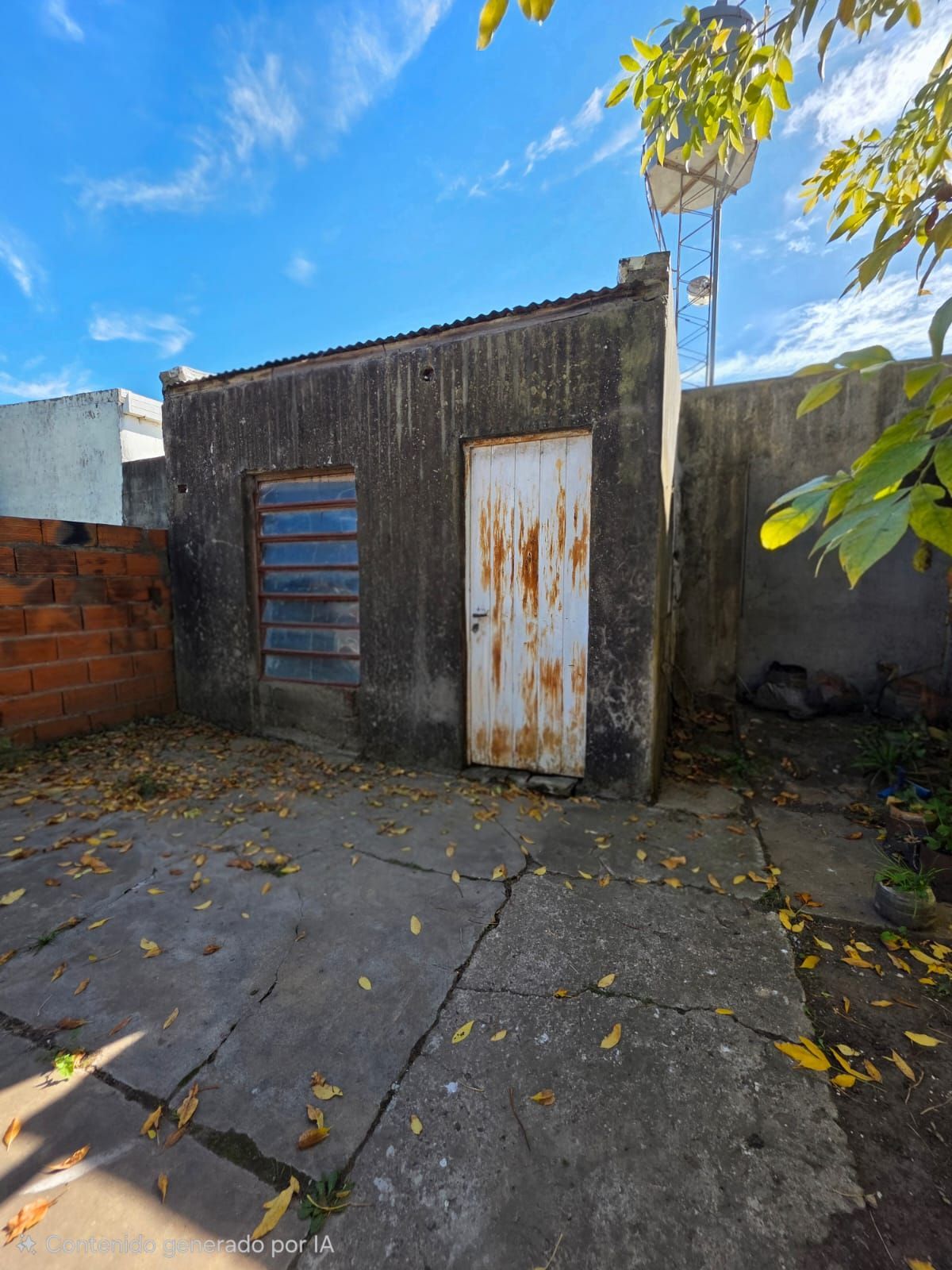 Puertas de metal desgastadas en un patio de concreto bajo un cielo azul, con una pared de ladrillo y un pequeño árbol.