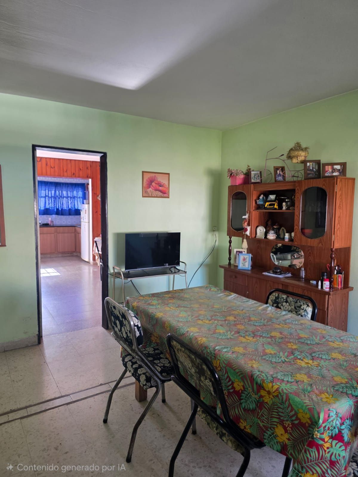 Comedor con mantel floral, televisor, armario de madera y puerta que da a otra habitación.