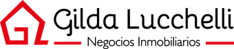 Logotipo de Gilda Lucchelli Negocios Inmobiliarios en negro y rojo, con un icono de una casa estilizada.