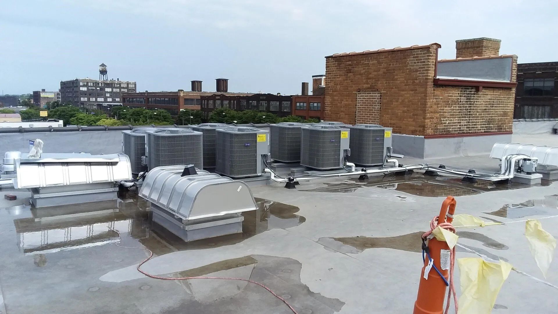 Multiple industrial commercial rooftop units.