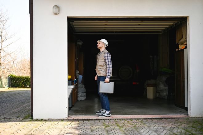 Man in hard hat stands in garage doorway, holding a clipboard, looking up.