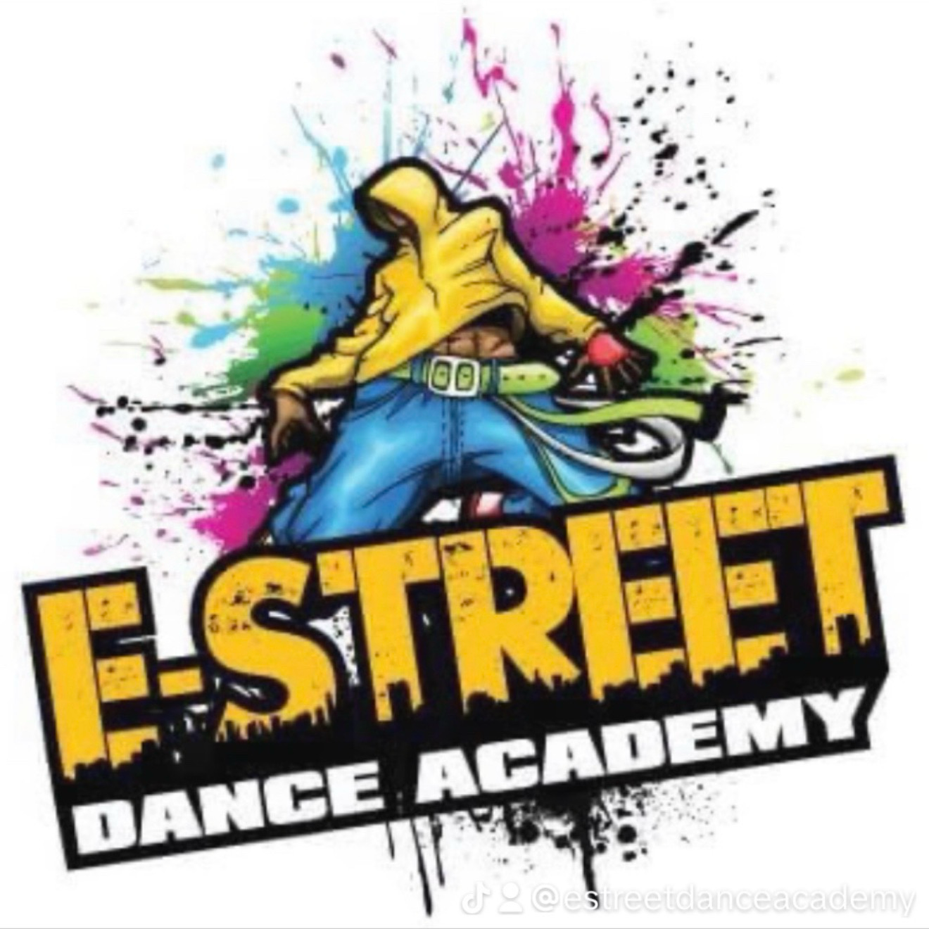 A logo for E-Street Dance Academy featuring a stylized dancer in a yellow hoodie against a colorful paint splatter.