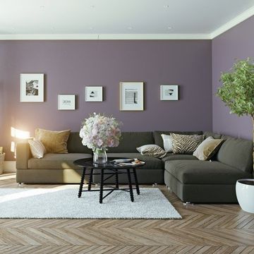 living room with lavender walls