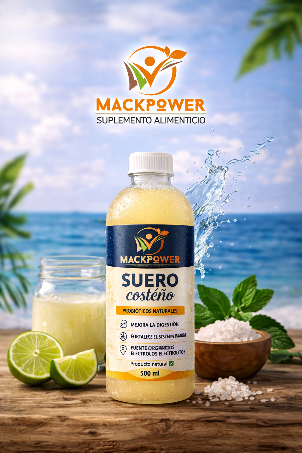 Una botella de Mackpower Suero Costeño, un suplemento nutricional, con lima, sal y un fondo marino tropical.