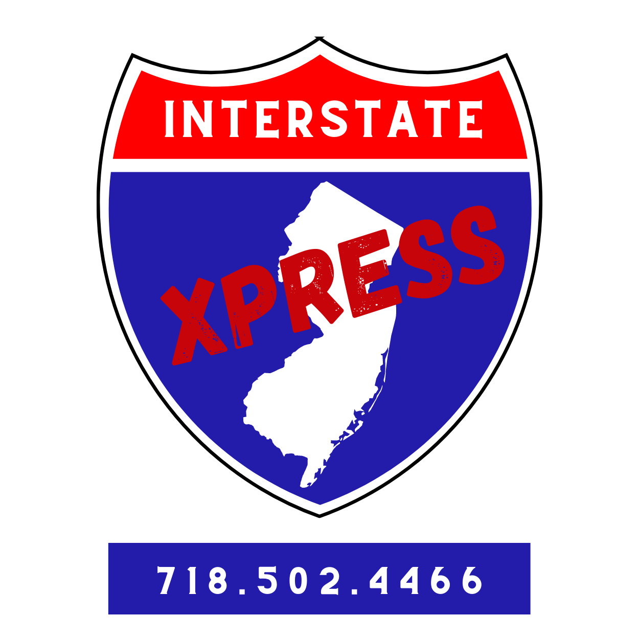 Logo: Interstate Xpress with NJ outline, red/blue shield design, phone number.