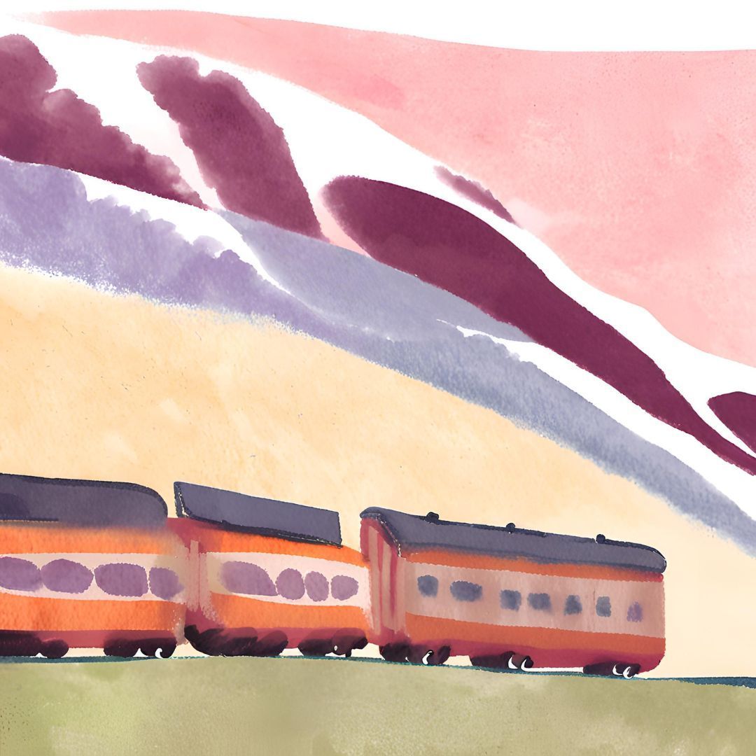 A painting of a train with mountains in the background