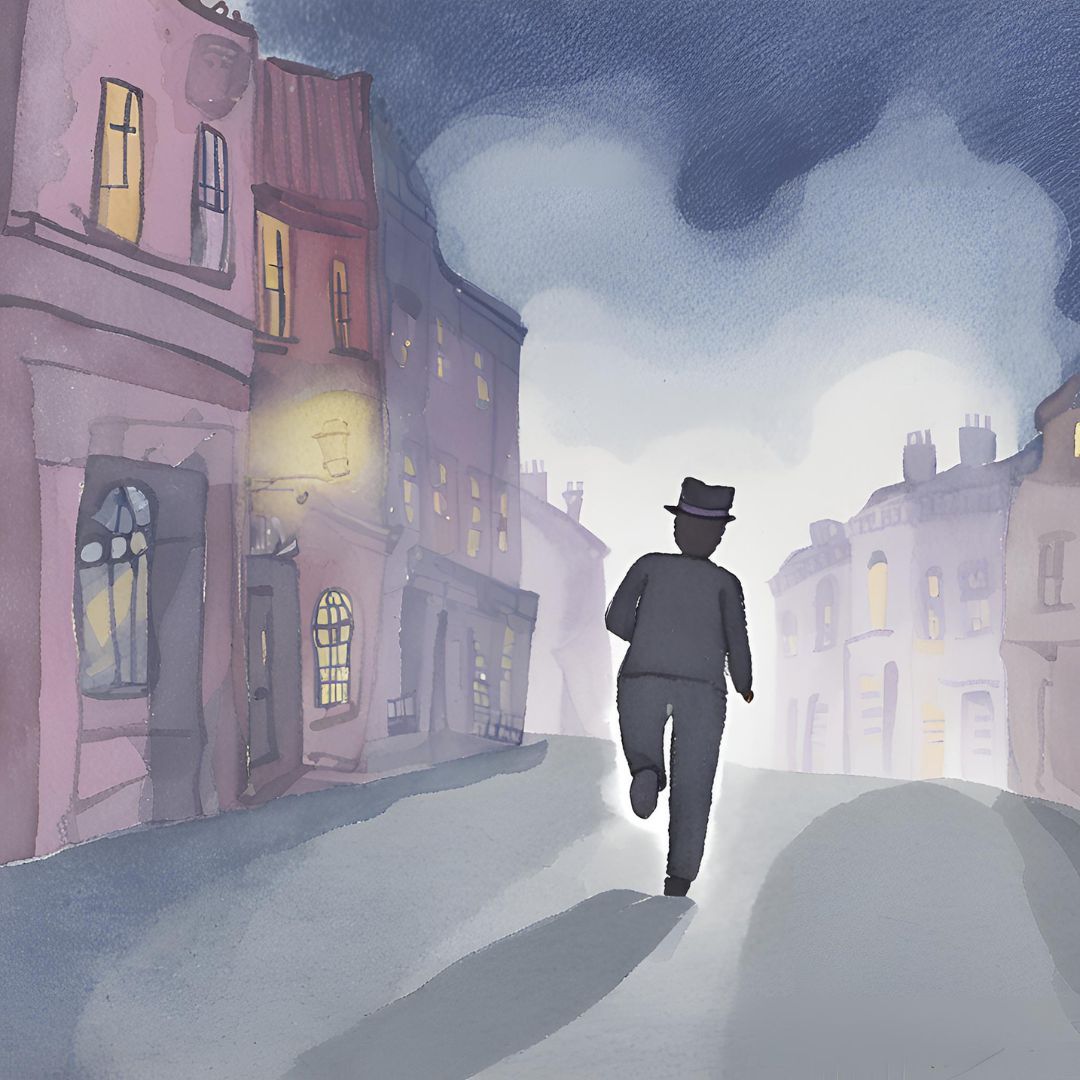 A man in a top hat is walking down a city street