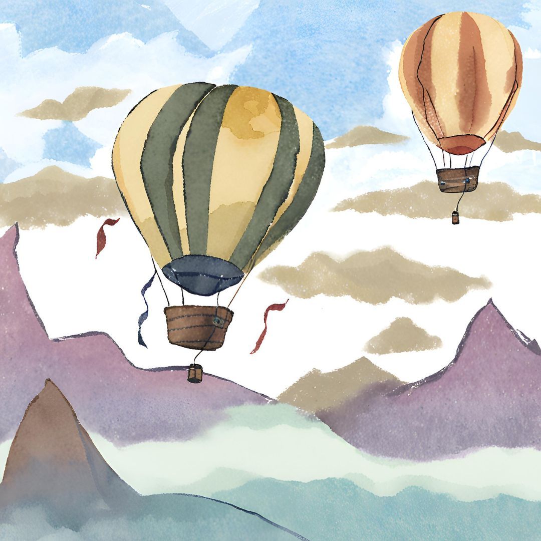 A painting of two hot air balloons flying over mountains