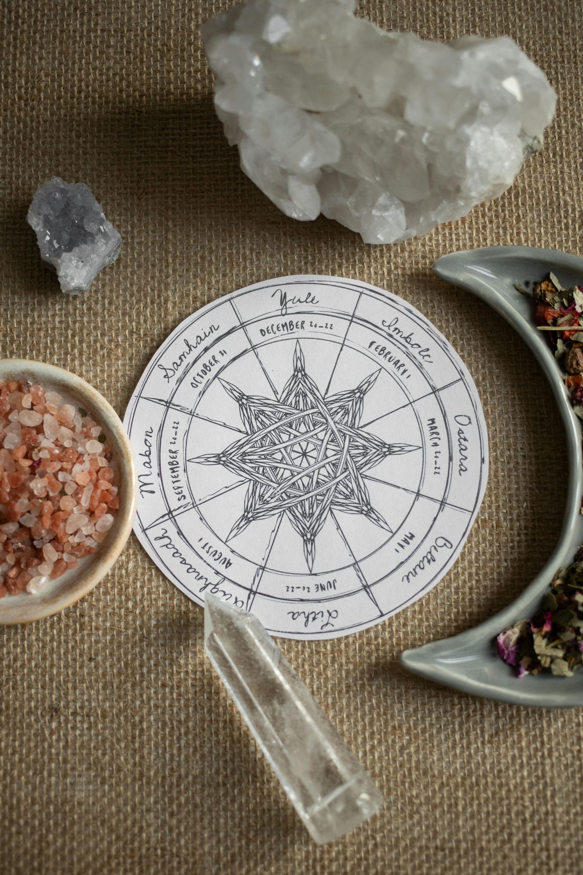 Crystals, salt, star chart, tea, and a crystal wand on a burlap surface.
