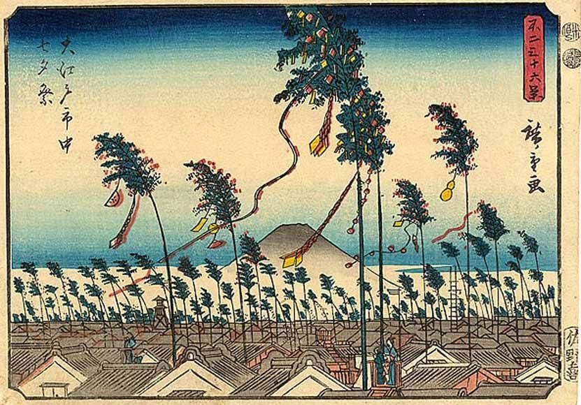 A painting of a city with a mountain in the background.
Japanese woodblock print of Tanabata festivities in Edo (Tokyo), 1852, by Hiroshige